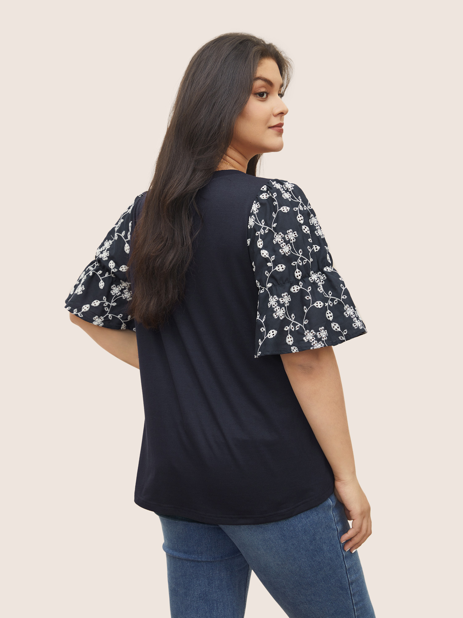 

Plus Size Ditsy Floral Patchwork Broderie Anglaise T-shirt Midnight Women Elegant Patchwork Ditsy Floral Round Neck Everyday T-shirts BloomChic