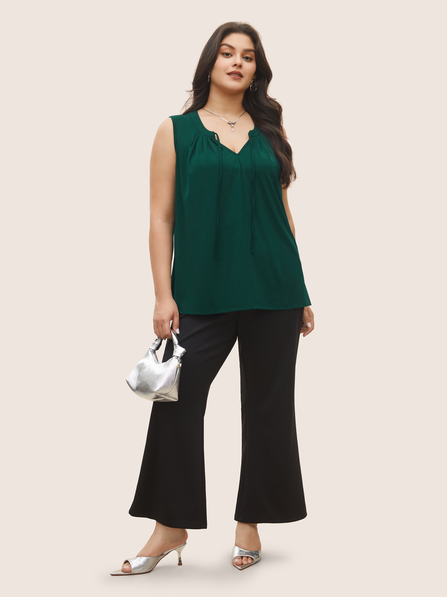 Plus Size Plain Tie Neck Plicated Detail Tank Top Women DarkGreen Work From Home Pleated Notched collar Work Tank Tops Camis BloomChic 12/L 