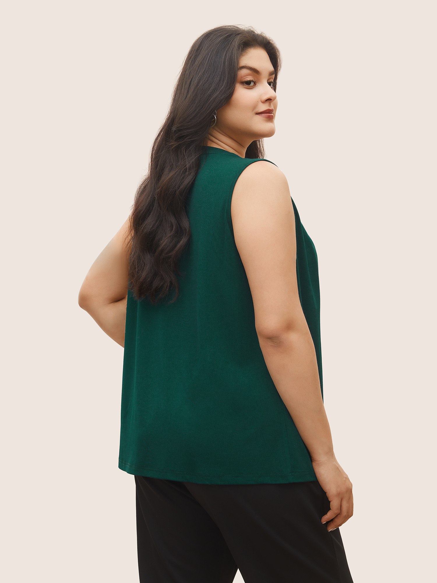 Plus Size Plain Tie Neck Plicated Detail Tank Top Women DarkGreen Work From Home Pleated Notched collar Work Tank Tops Camis BloomChic 12/L 