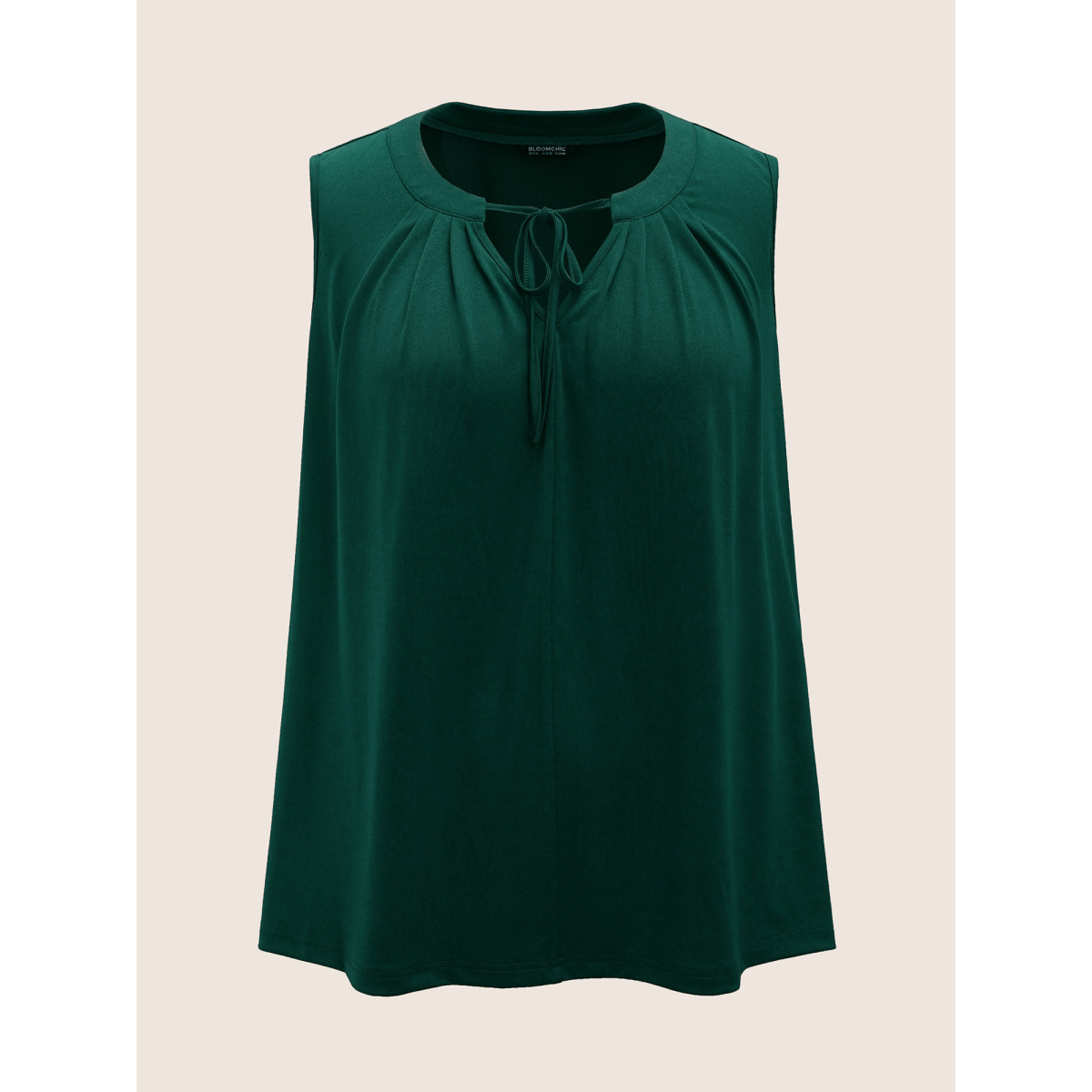 

Plus Size Plain Tie Neck Plicated Detail Tank Top Women DarkGreen Work From Home Pleated Notched collar Work Tank Tops Camis BloomChic