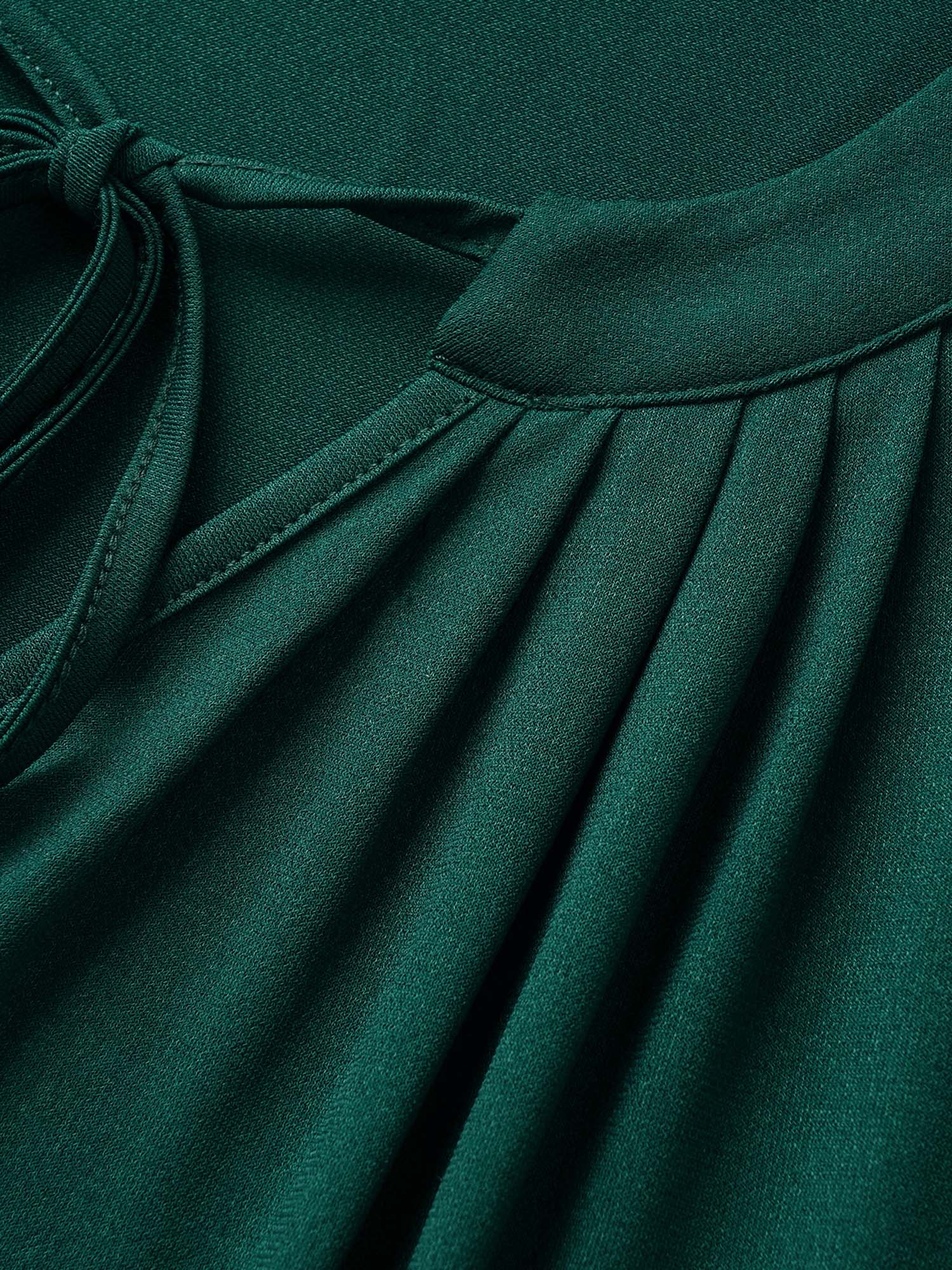 Plus Size Plain Tie Neck Plicated Detail Tank Top Women DarkGreen Work From Home Pleated Notched collar Work Tank Tops Camis BloomChic 12/L 