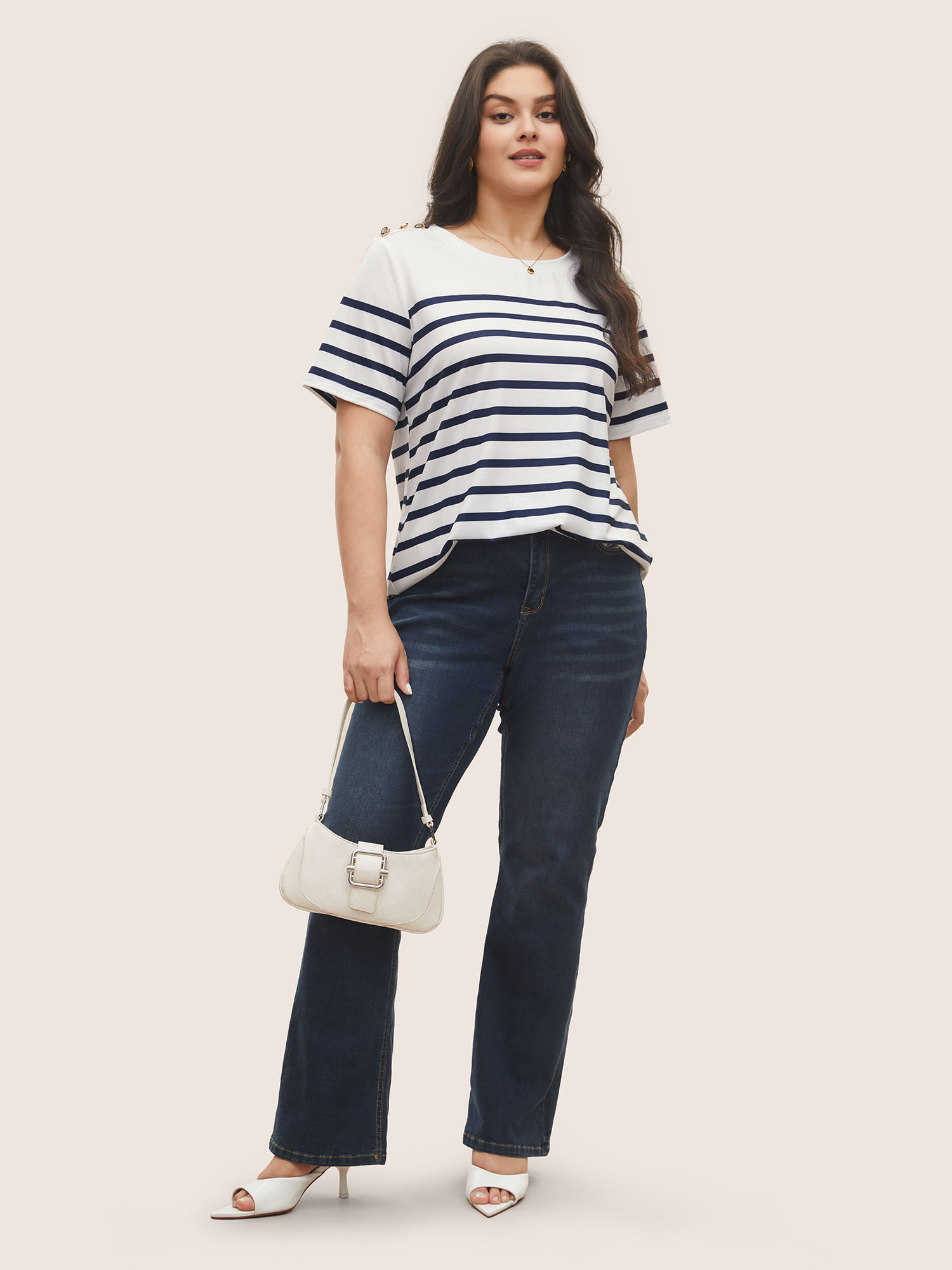 Plus Size Striped Contrast Round Neck Button Detail T-shirt Indigo Women Work From Home Contrast Striped Round Neck Work T-shirts BloomChic 22-24/3X 