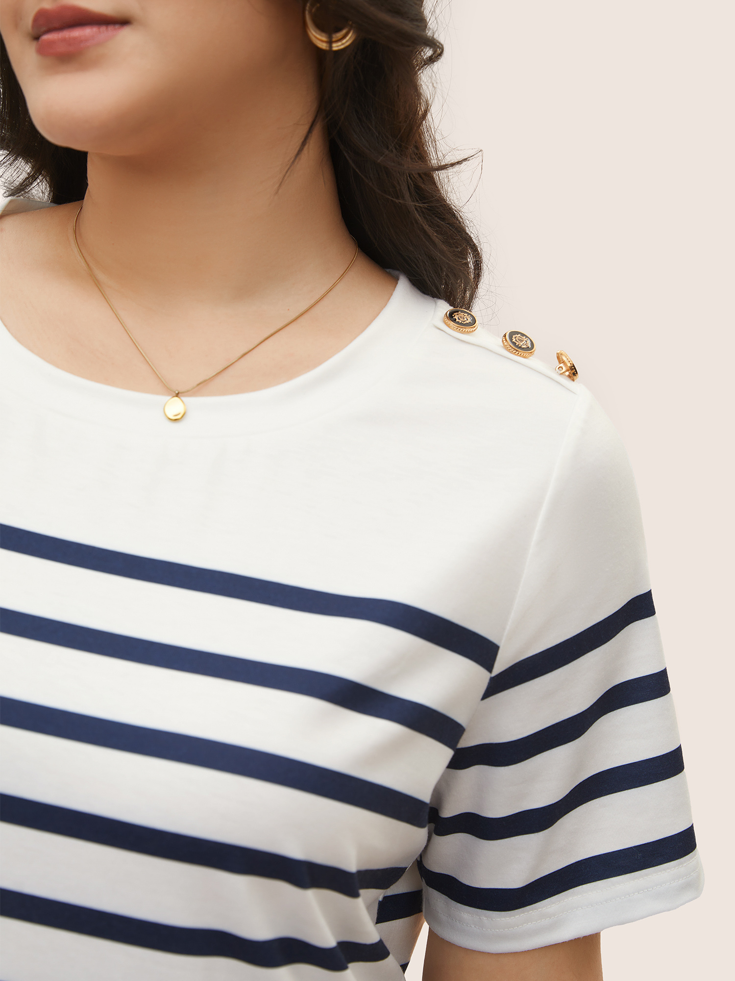 Plus Size Striped Contrast Round Neck Button Detail T-shirt Indigo Women Work From Home Contrast Striped Round Neck Work T-shirts BloomChic 22-24/3X 