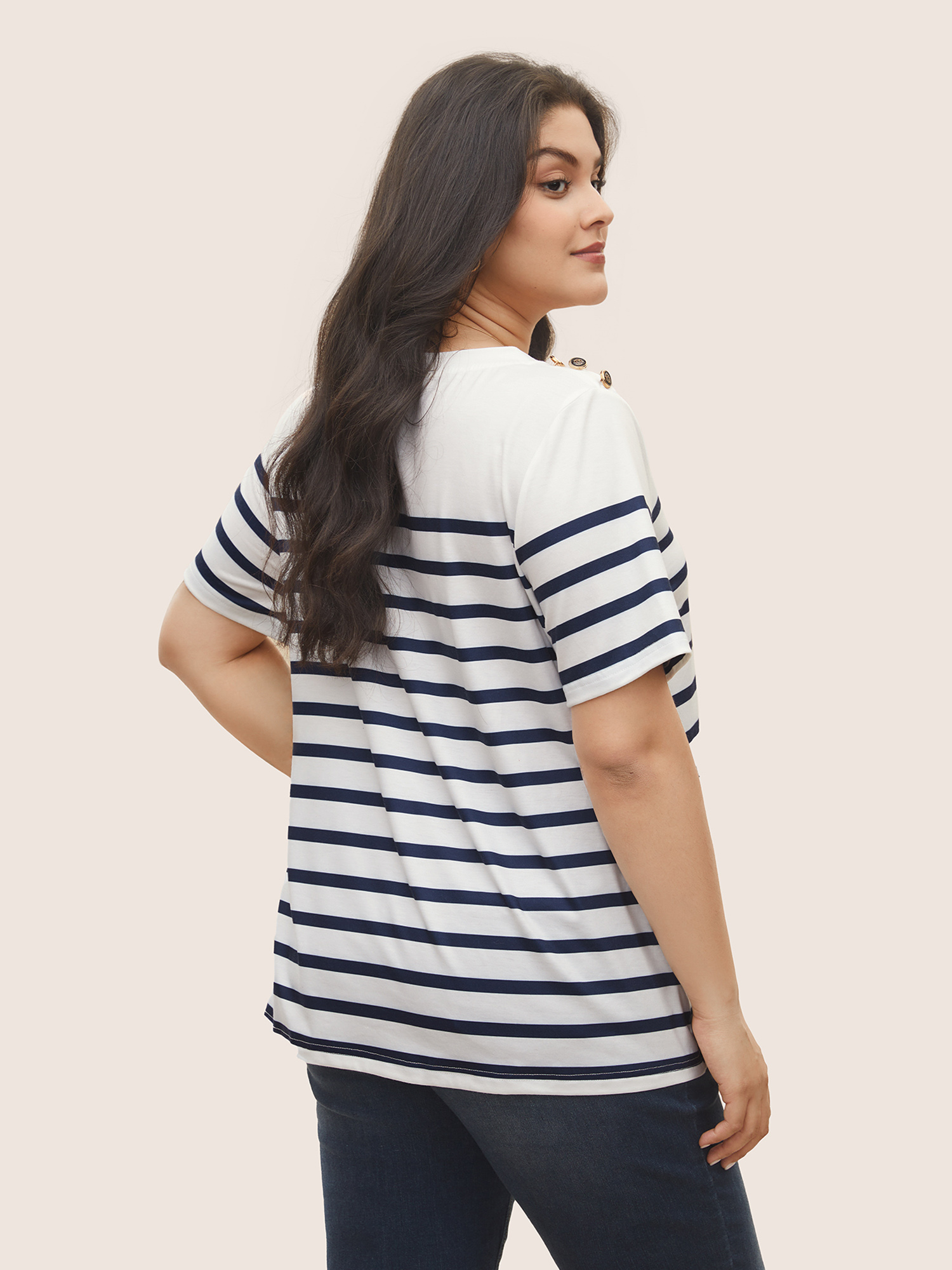 Plus Size Striped Contrast Round Neck Button Detail T-shirt Indigo Women Work From Home Contrast Striped Round Neck Work T-shirts BloomChic 22-24/3X 