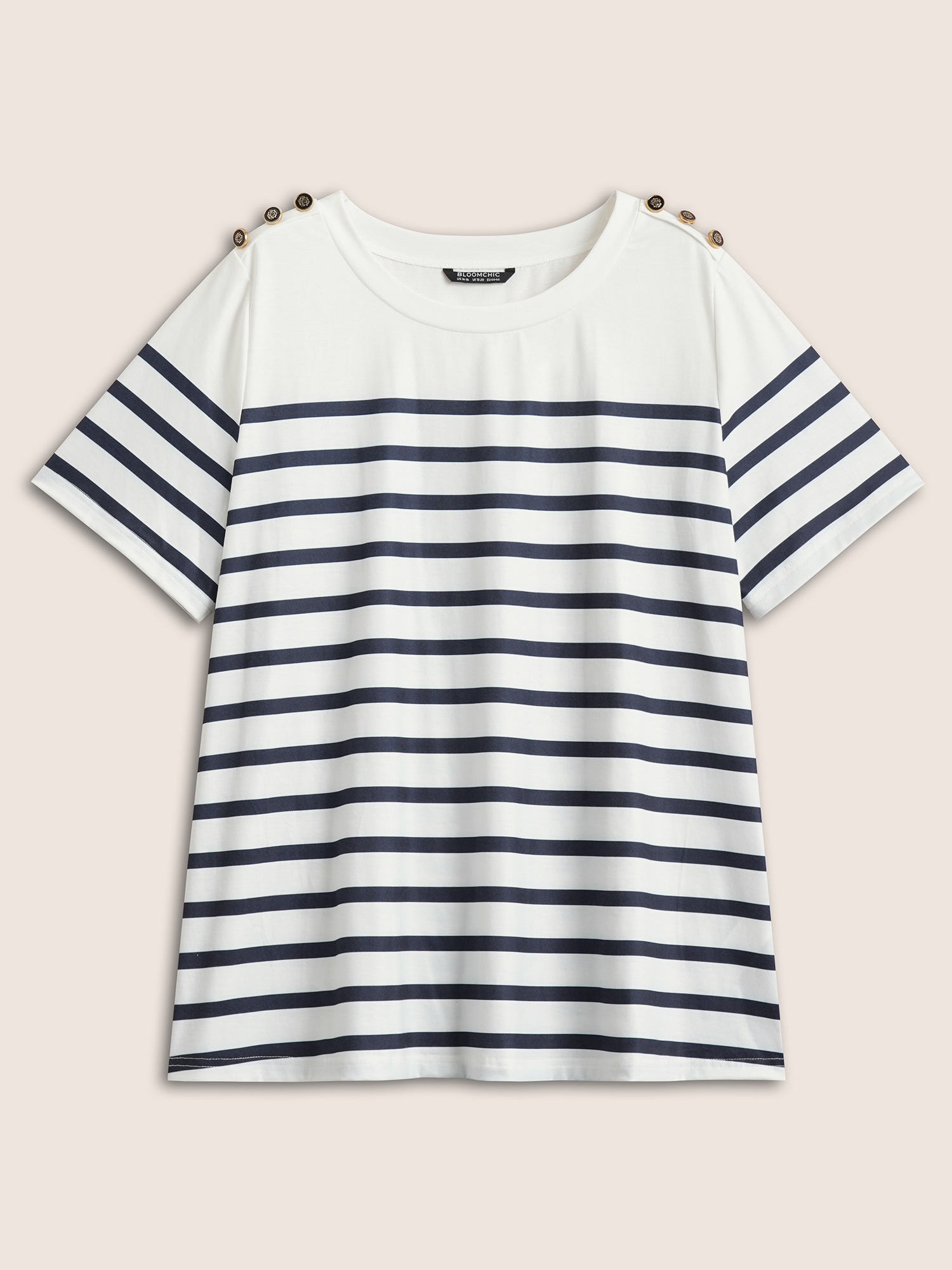 Plus Size Striped Contrast Round Neck Button Detail T-shirt Indigo Women Work From Home Contrast Striped Round Neck Work T-shirts BloomChic 22-24/3X 