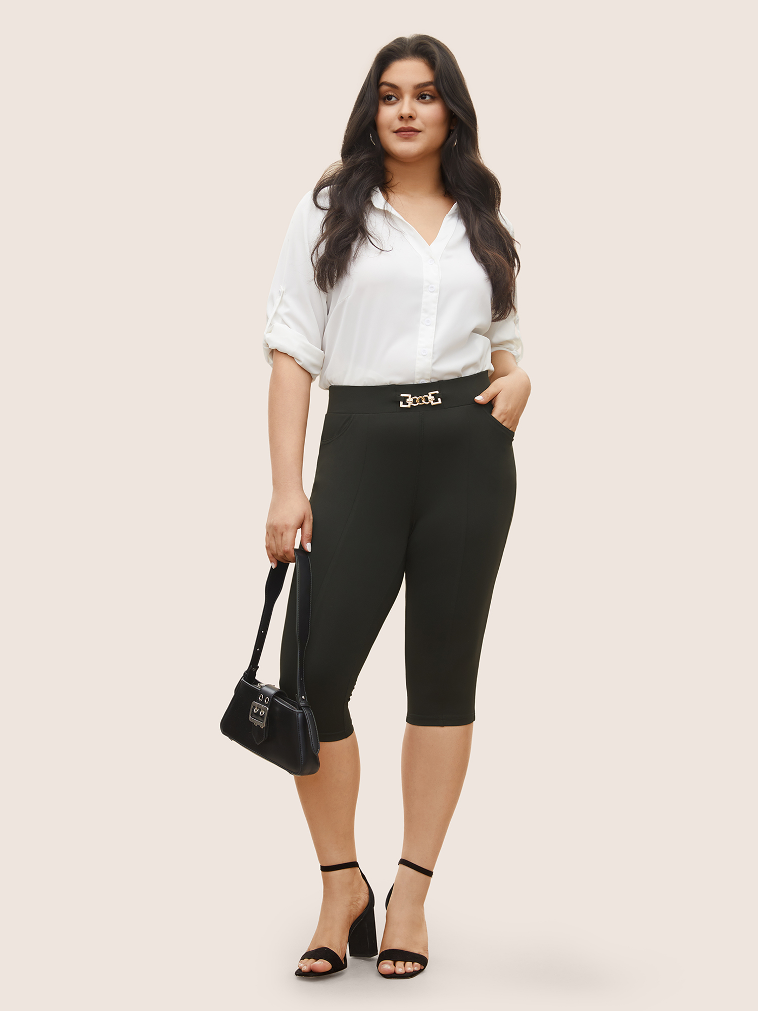 Plus Size Solid Metal Chain Detail Pocket High Rise Leggings Women Black At the Office High stretch Skinny High Rise Work Leggings BloomChic 10/M 