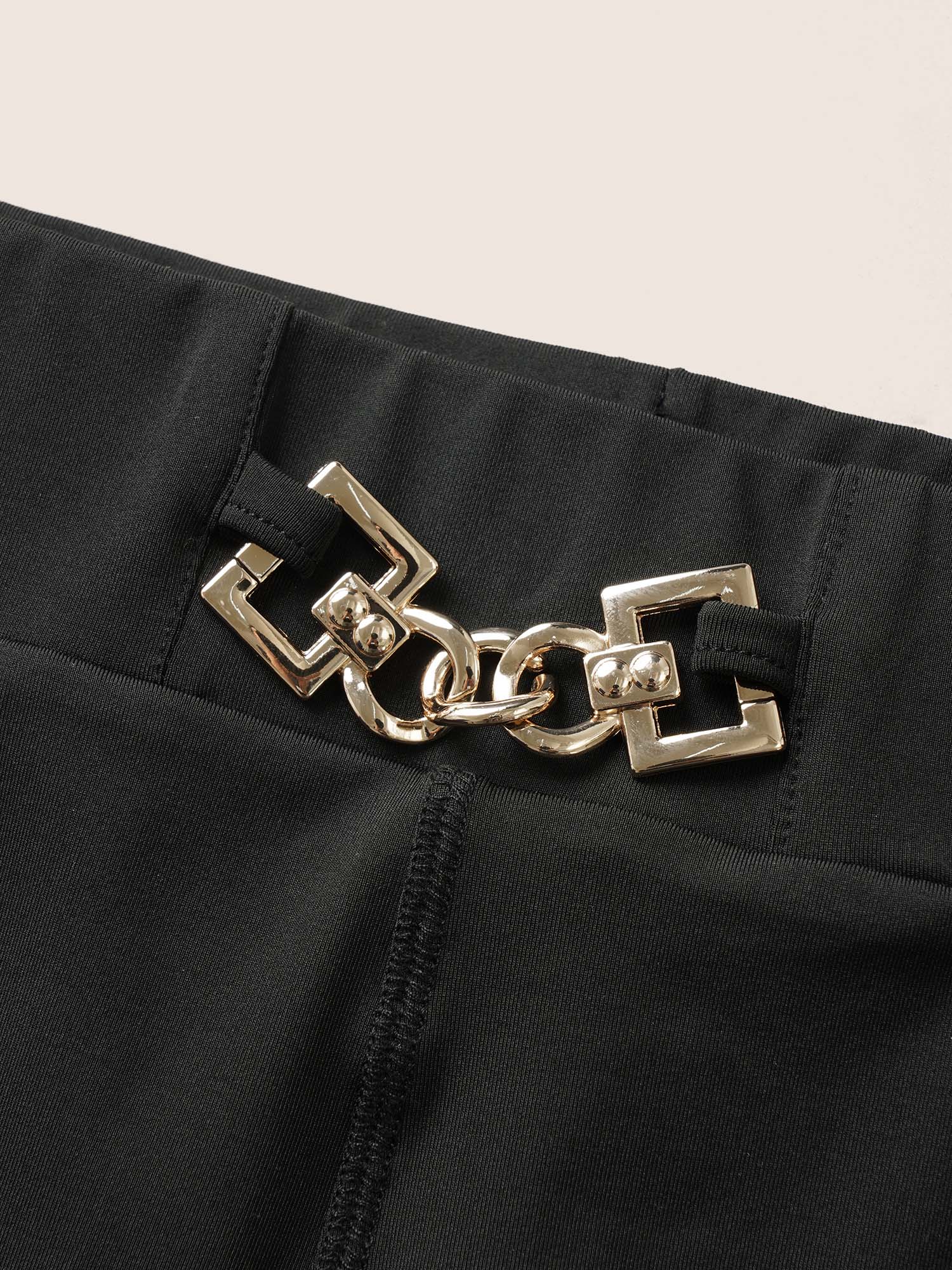 Plus Size Solid Metal Chain Detail Pocket High Rise Leggings Women Black At the Office High stretch Skinny High Rise Work Leggings BloomChic 10/M 