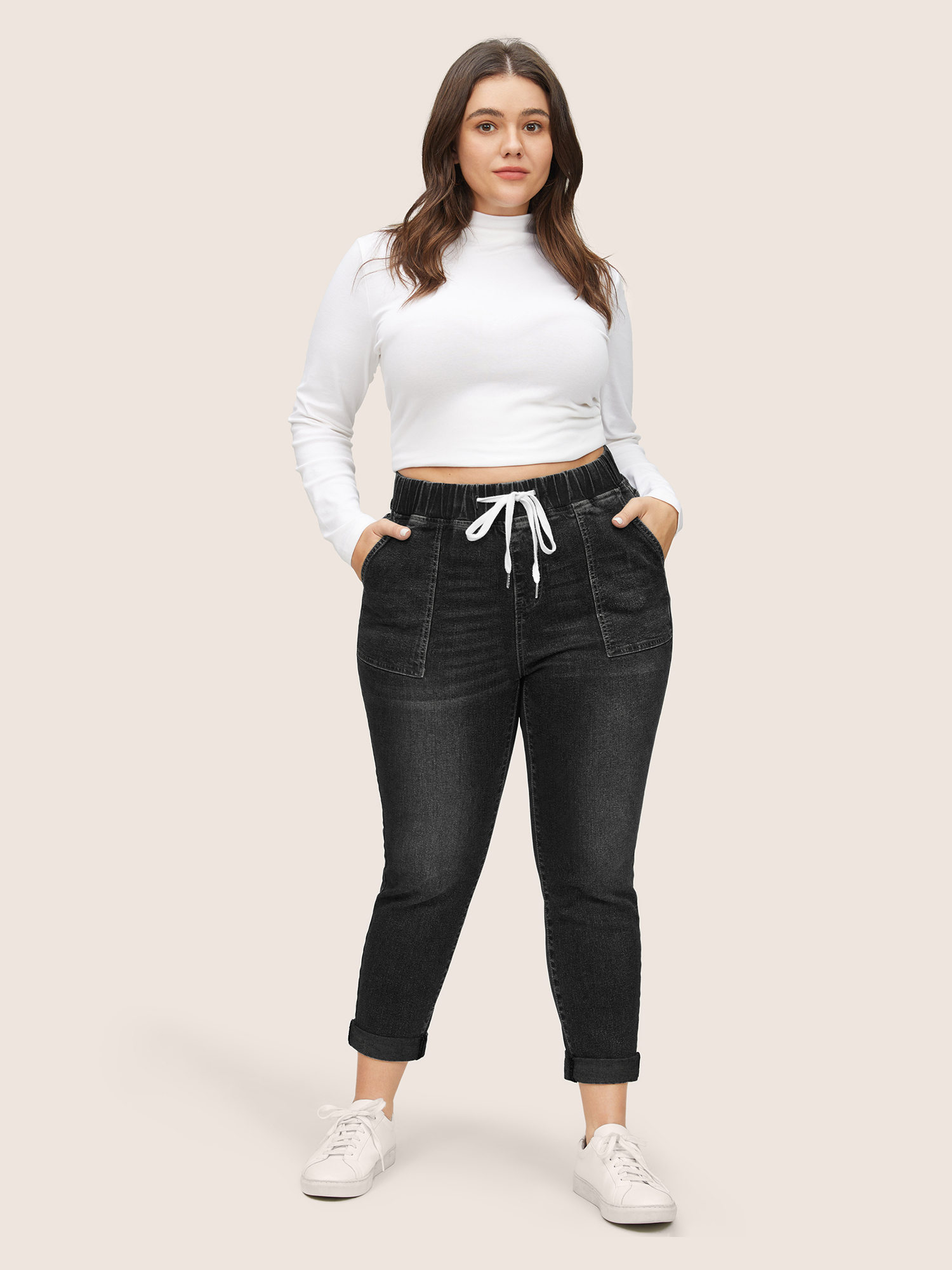 Plus Size Drawstring Elastic Waist Roll Hem Jeans Women Black Casual Plain Drawstring High stretch Slanted pocket Jeans BloomChic 24/3X 