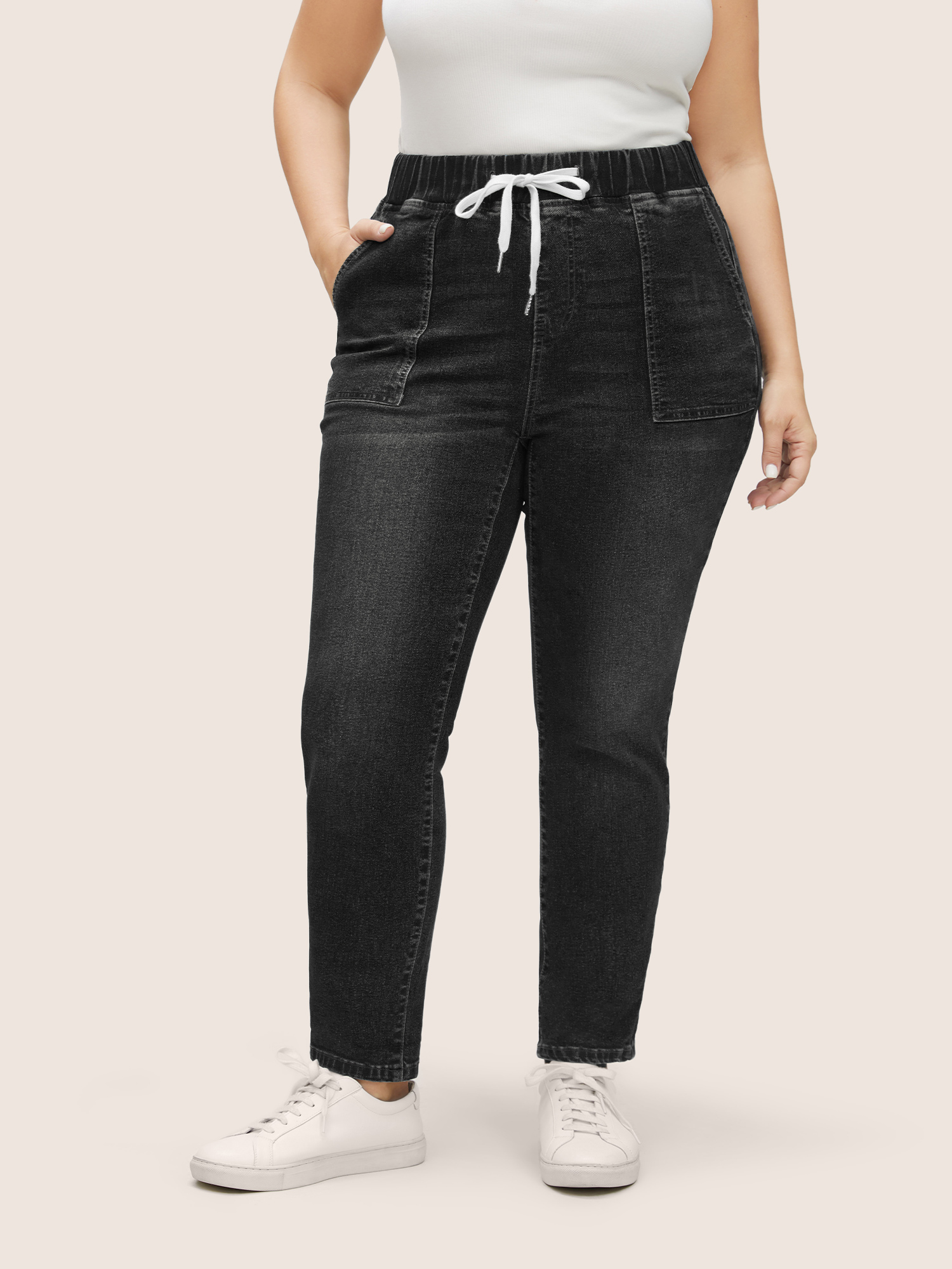 Plus Size Drawstring Elastic Waist Roll Hem Jeans Women Black Casual Plain Drawstring High stretch Slanted pocket Jeans BloomChic 24/3X 