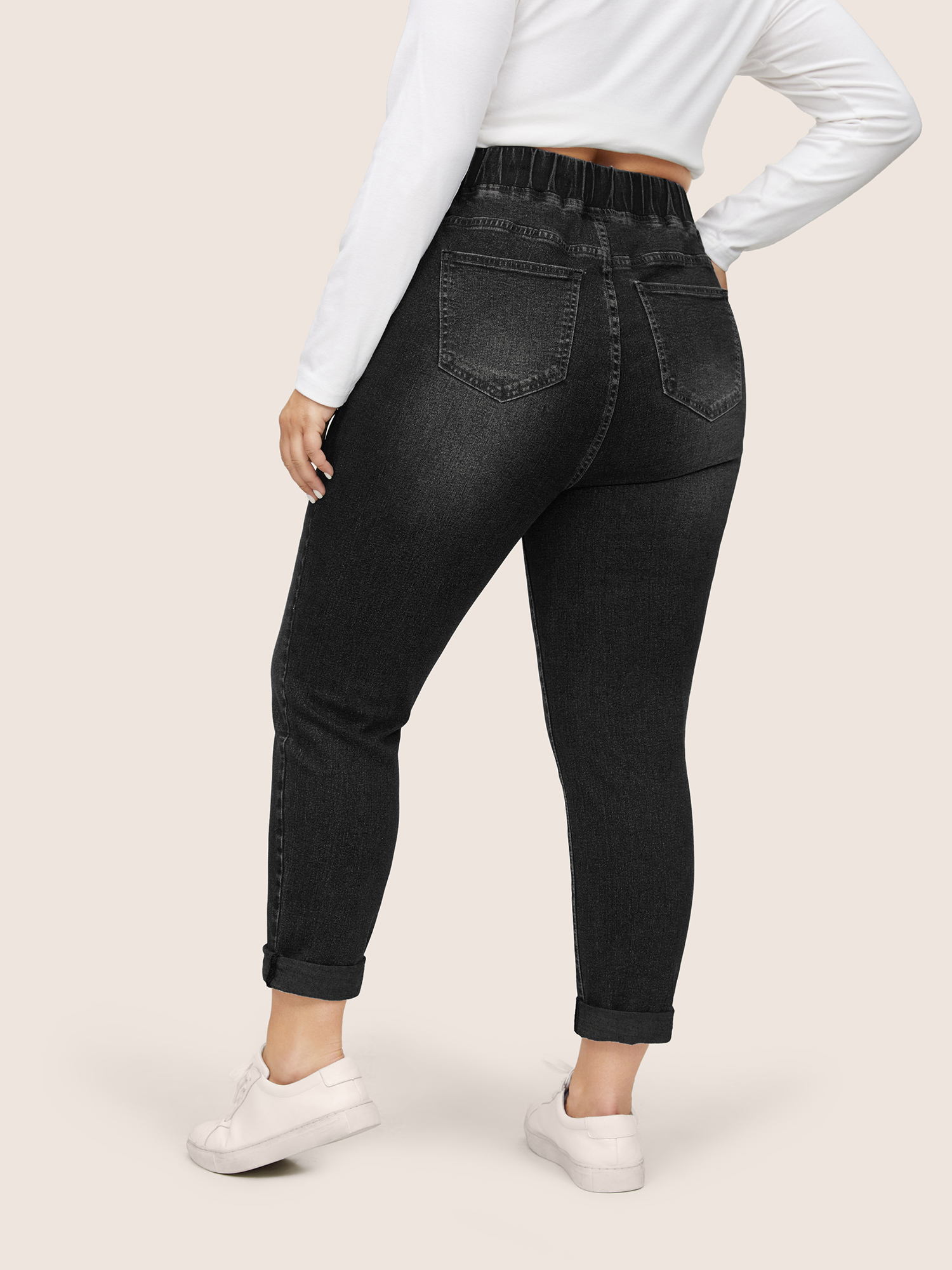 Plus Size Drawstring Elastic Waist Roll Hem Jeans Women Black Casual Plain Drawstring High stretch Slanted pocket Jeans BloomChic 24/3X 