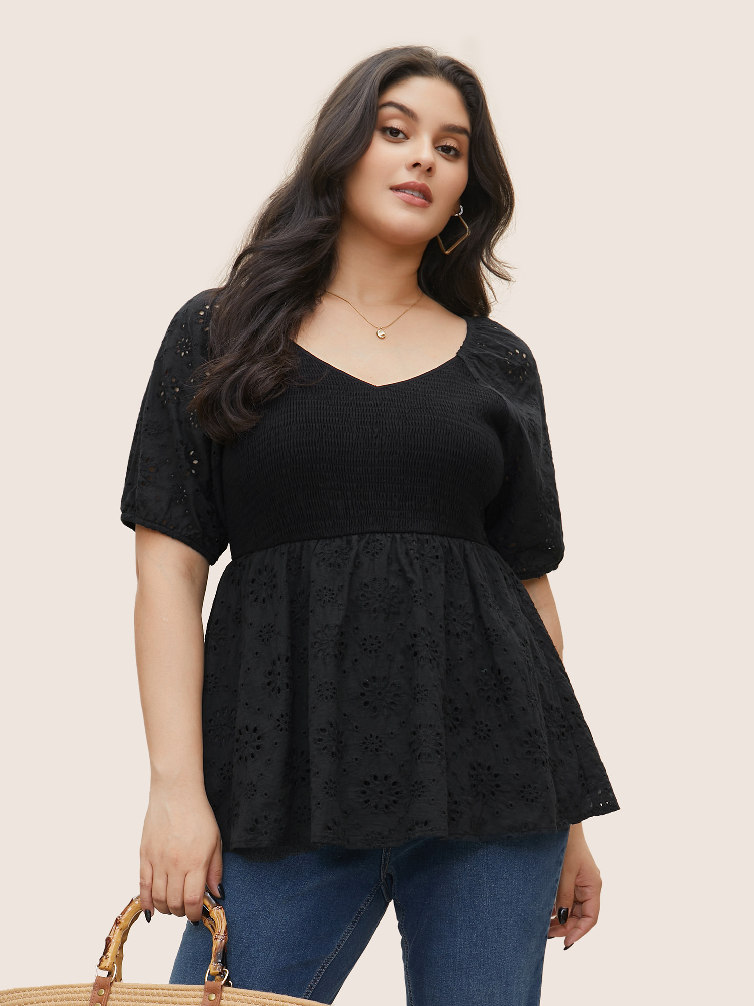 

Plus Size Black Broderie Anglaise Patchwork Lantern Sleeve Shirred Blouse Women Resort Short sleeve Square Neck Vacation Blouses BloomChic