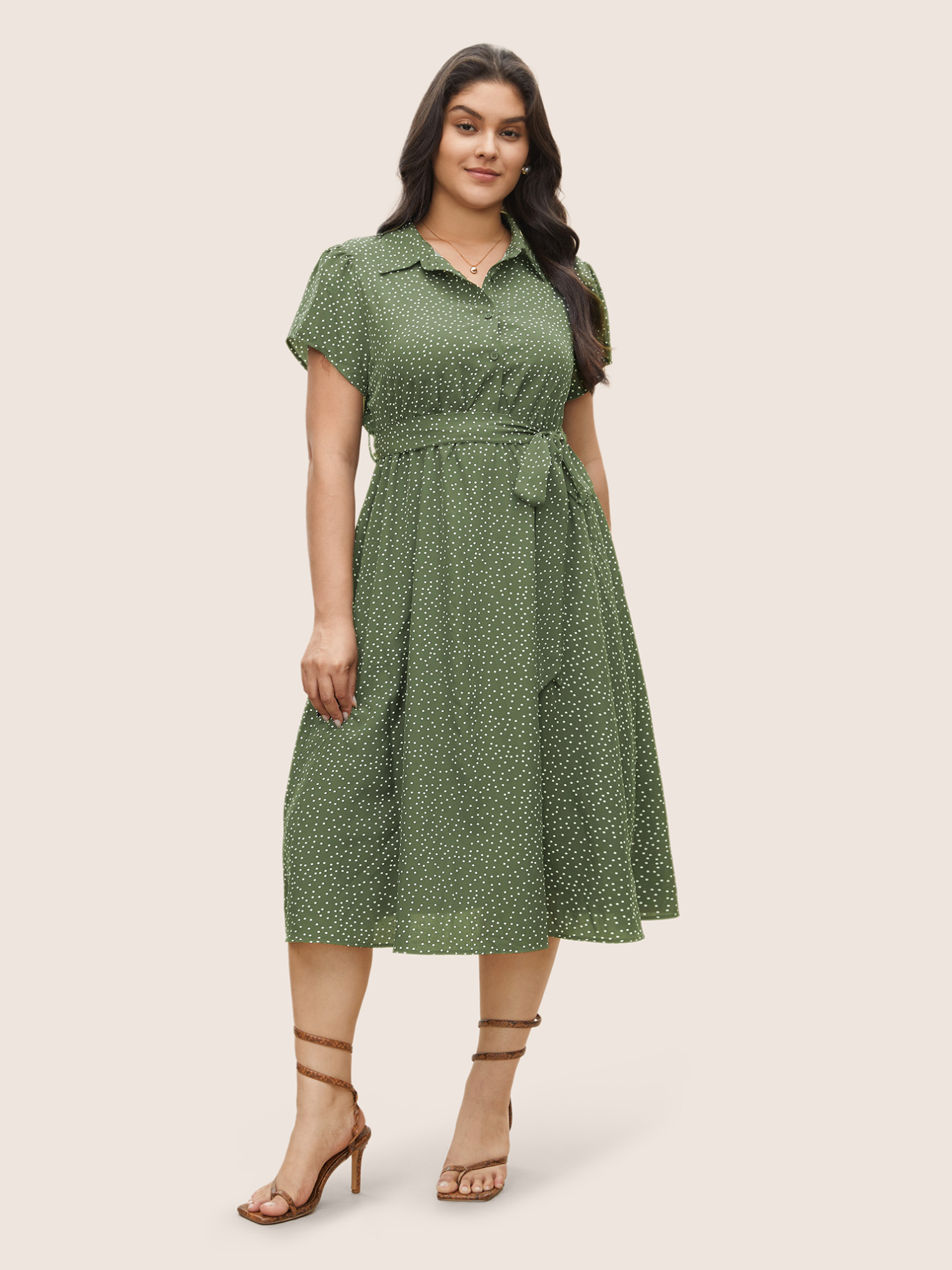 

Plus Size Polka Dot Shirt Collar Pocket Button Up Dress Sage Women Non Shirt collar Short sleeve Curvy Midi Dress BloomChic