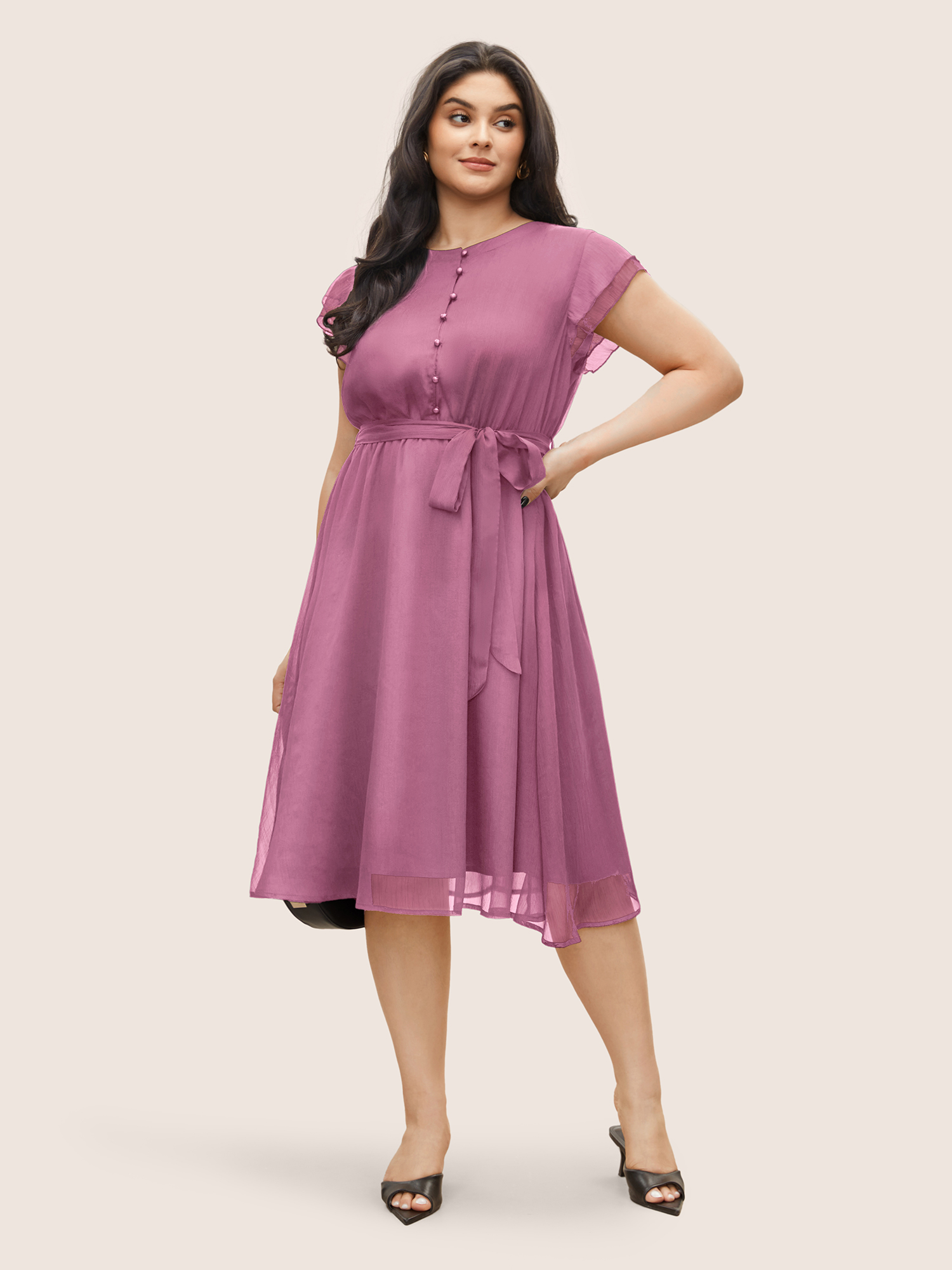 

Plus Size Solid Mesh Belted Ruffle Cap Sleeve Dress Lilac Women Non Curvy Midi Dress BloomChic