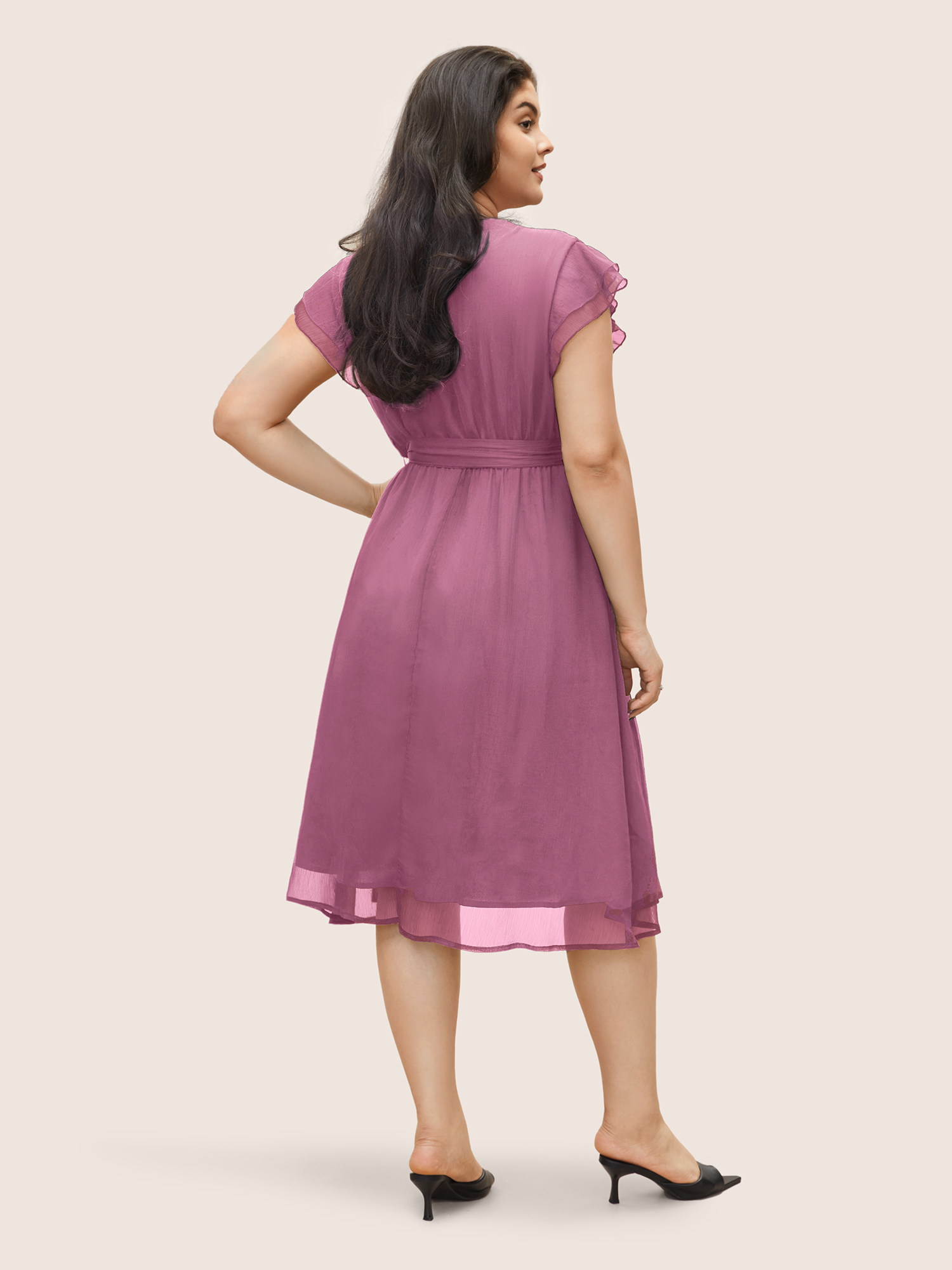 Plus Size Solid Mesh Belted Ruffle Cap Sleeve Dress Lilac Women Non Curvy Midi Dress BloomChic 22-24/3X 