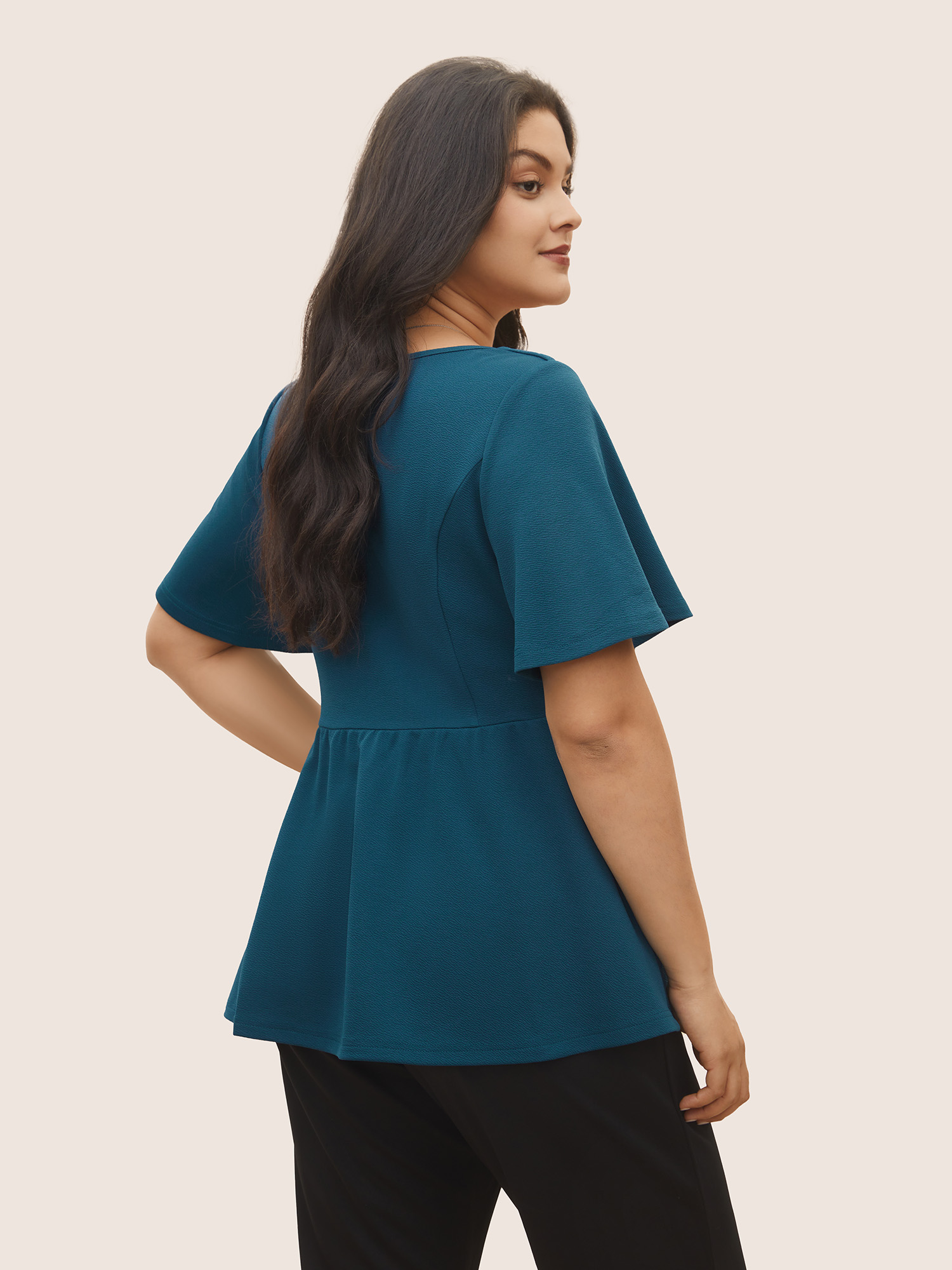 

Plus Size Cerulean Plain Texture Square Neck Button Detail Blouse Women At the Office Short sleeve Square Neck Work Blouses BloomChic