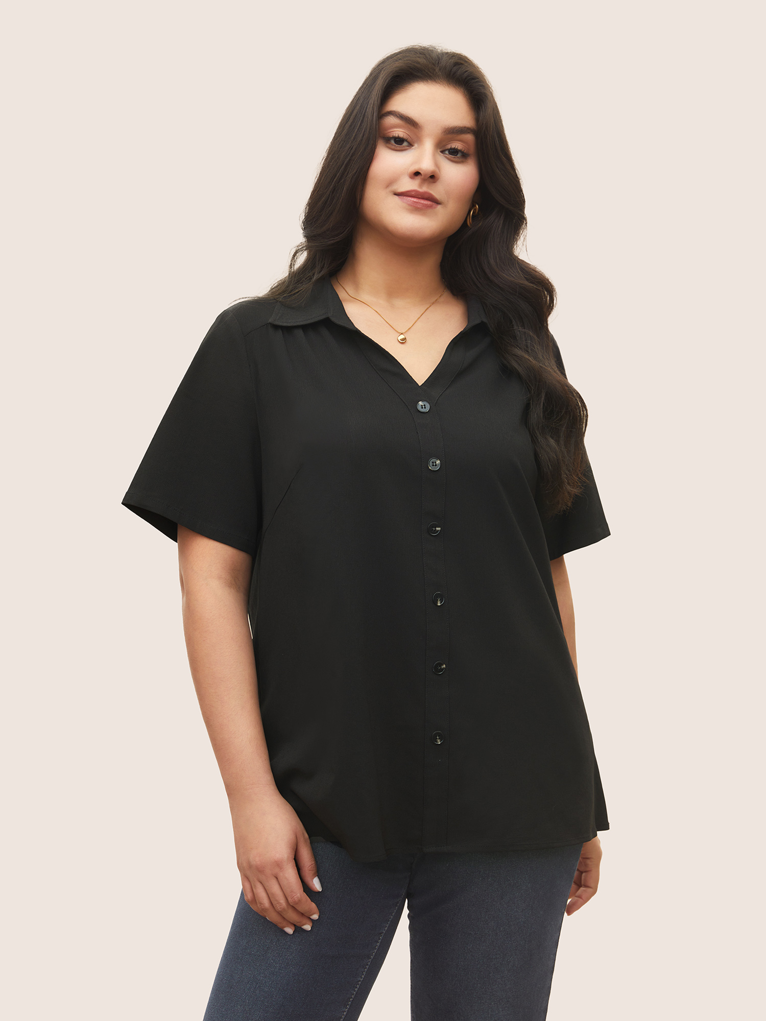 

Plus Size Black Stretchy Woven Button Detail Shirt Collar Blouse Women Workwear Essentials Short sleeve Shirt collar Work Blouses BloomChic