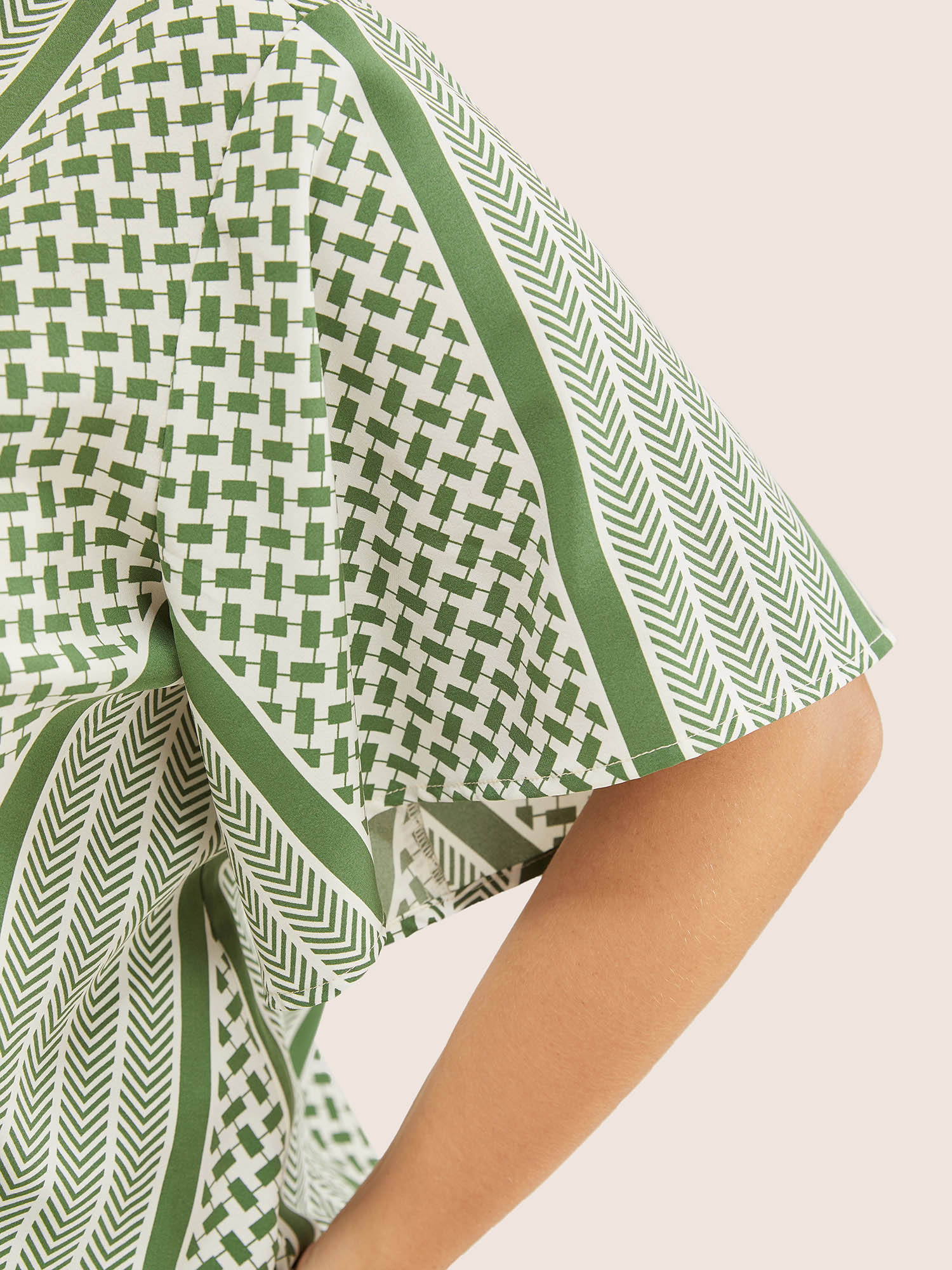 Plus Size Women Vacation Geometric Wrap Ruffle Sleeve Short sleeve V-neck Resort Blouses BloomChic 
