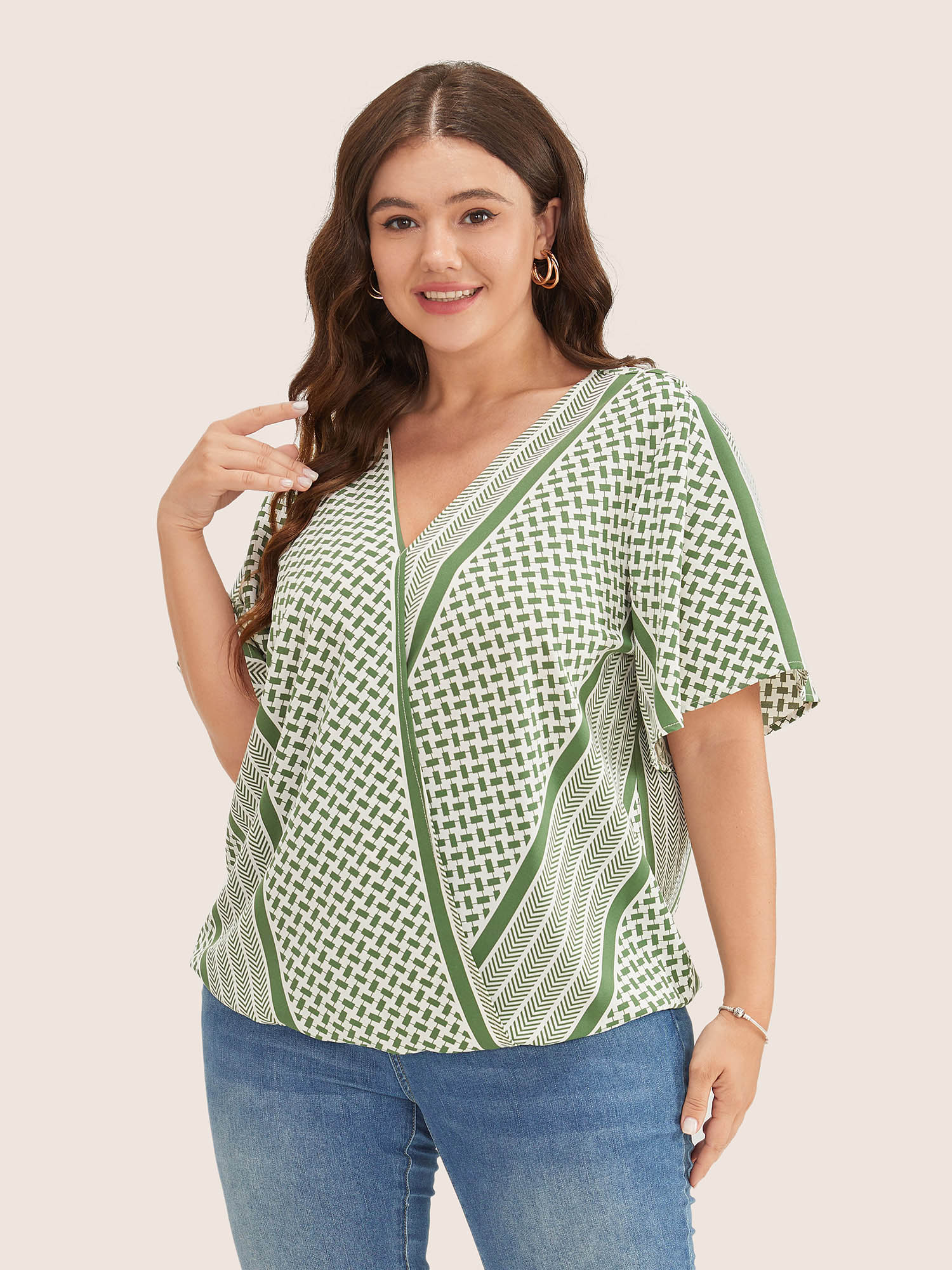 Plus Size Women Vacation Geometric Wrap Ruffle Sleeve Short sleeve V-neck Resort Blouses BloomChic 