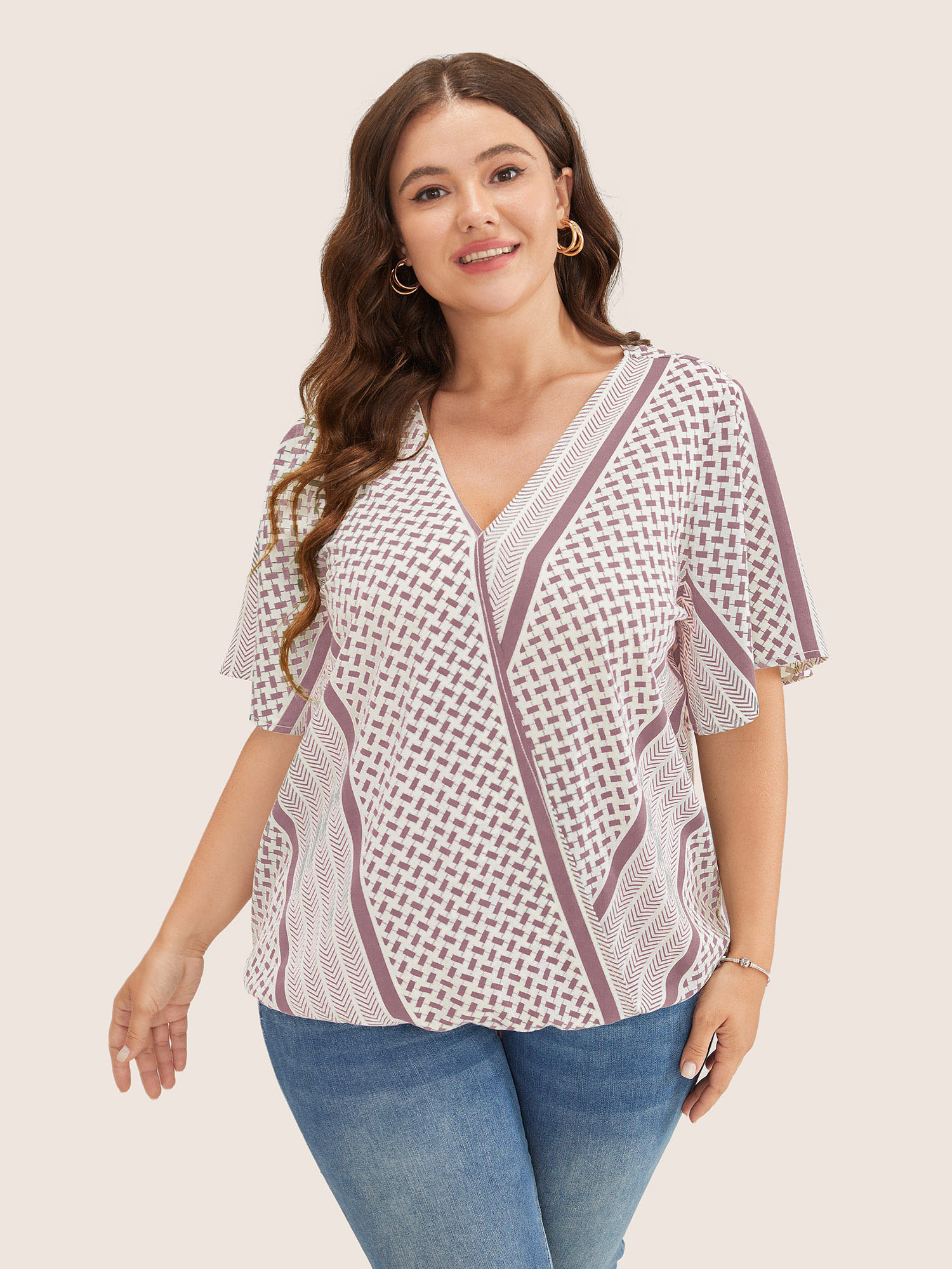 

Plus Size DustyPink Geometric Contrast Ruffle Sleeve Wrap Blouse Women Resort Short sleeve Overlap Collar Vacation Blouses BloomChic