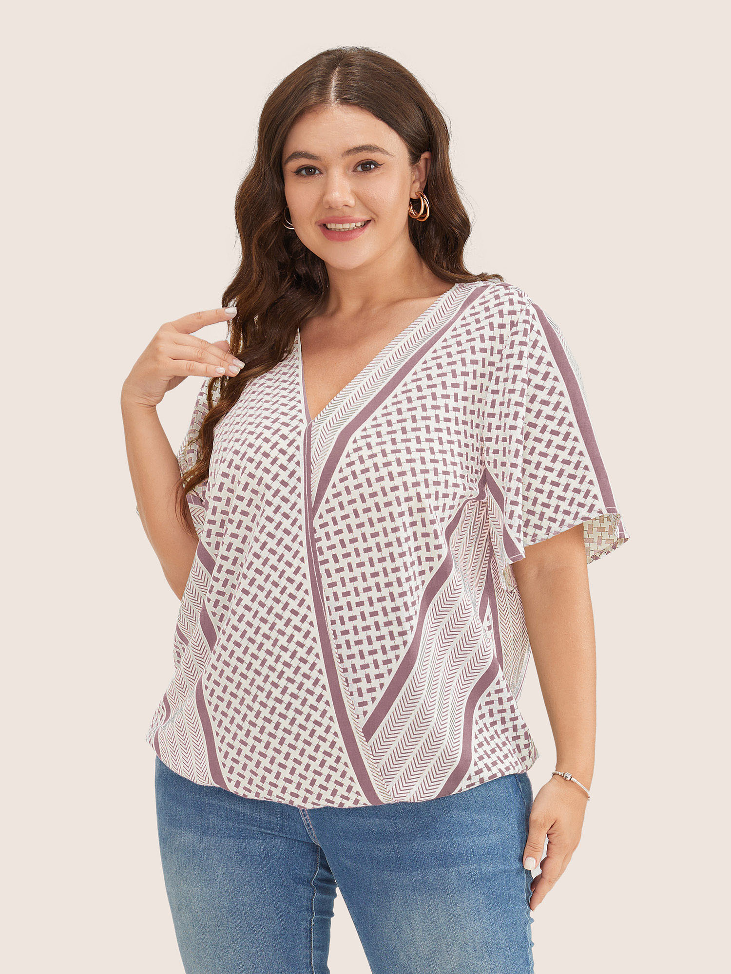 Plus Size DustyPink Geometric Contrast Ruffle Sleeve Wrap Blouse Women Resort Short sleeve Overlap Collar Vacation Blouses BloomChic 14-16/1X 