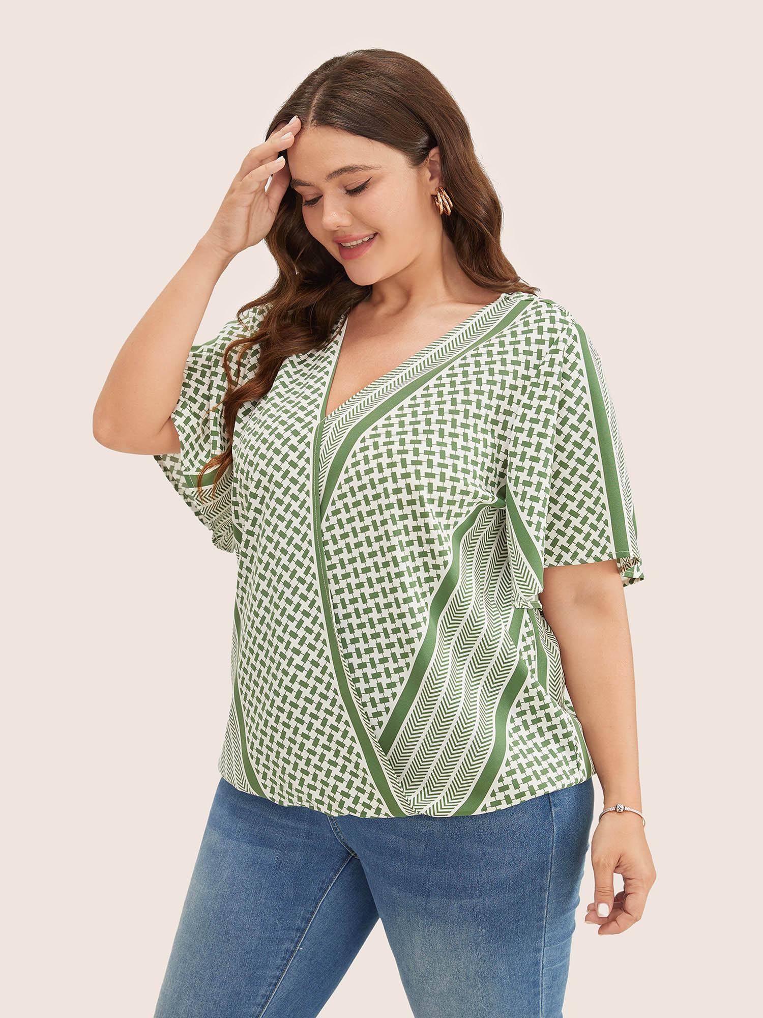 Plus Size Women Vacation Geometric Wrap Ruffle Sleeve Short sleeve V-neck Resort Blouses BloomChic 