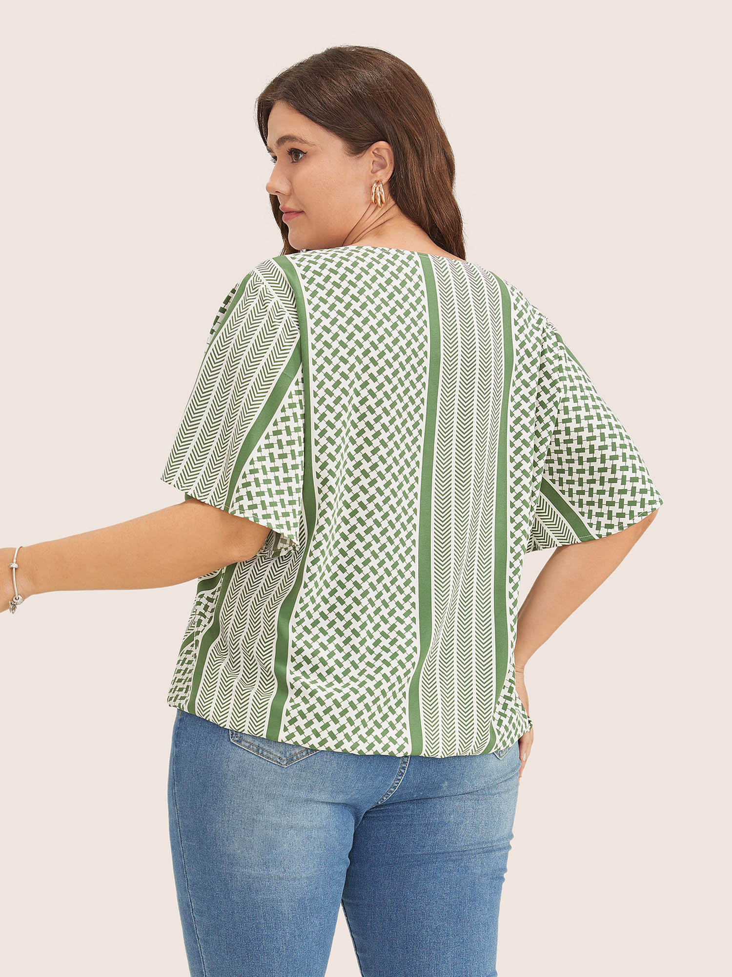 Plus Size Women Vacation Geometric Wrap Ruffle Sleeve Short sleeve V-neck Resort Blouses BloomChic 