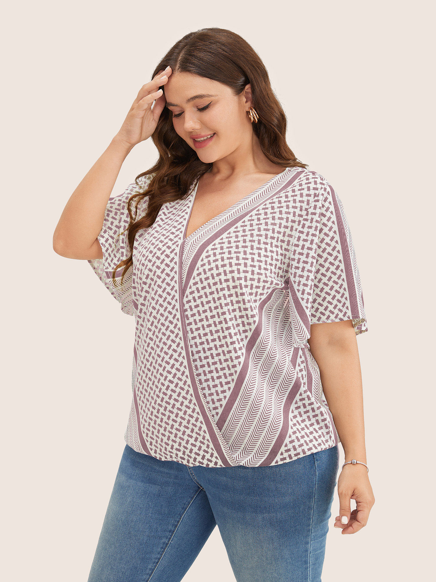 Plus Size DustyPink Geometric Contrast Ruffle Sleeve Wrap Blouse Women Resort Short sleeve Overlap Collar Vacation Blouses BloomChic 14-16/1X 
