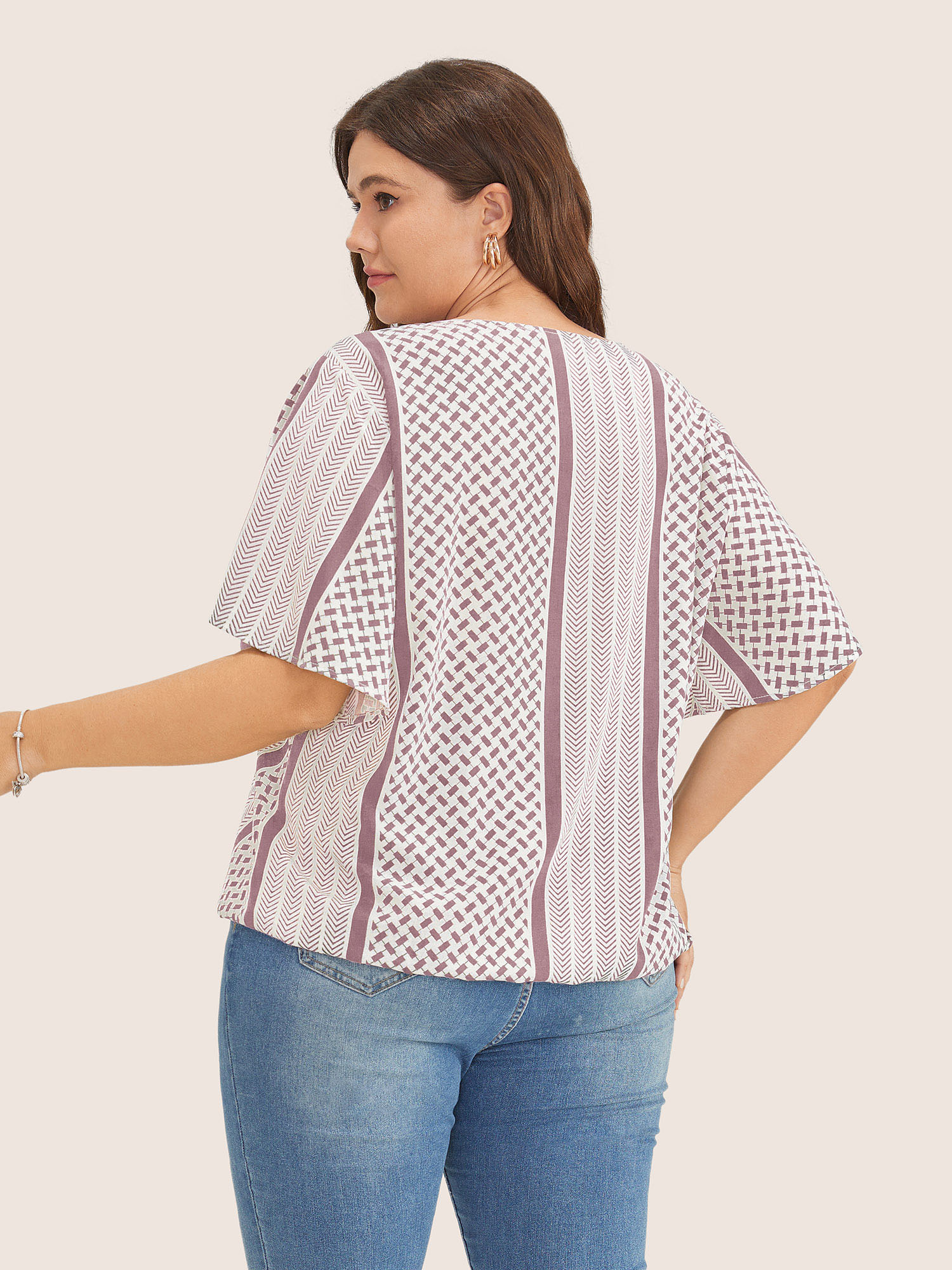 Plus Size DustyPink Geometric Contrast Ruffle Sleeve Wrap Blouse Women Resort Short sleeve Overlap Collar Vacation Blouses BloomChic 14-16/1X 