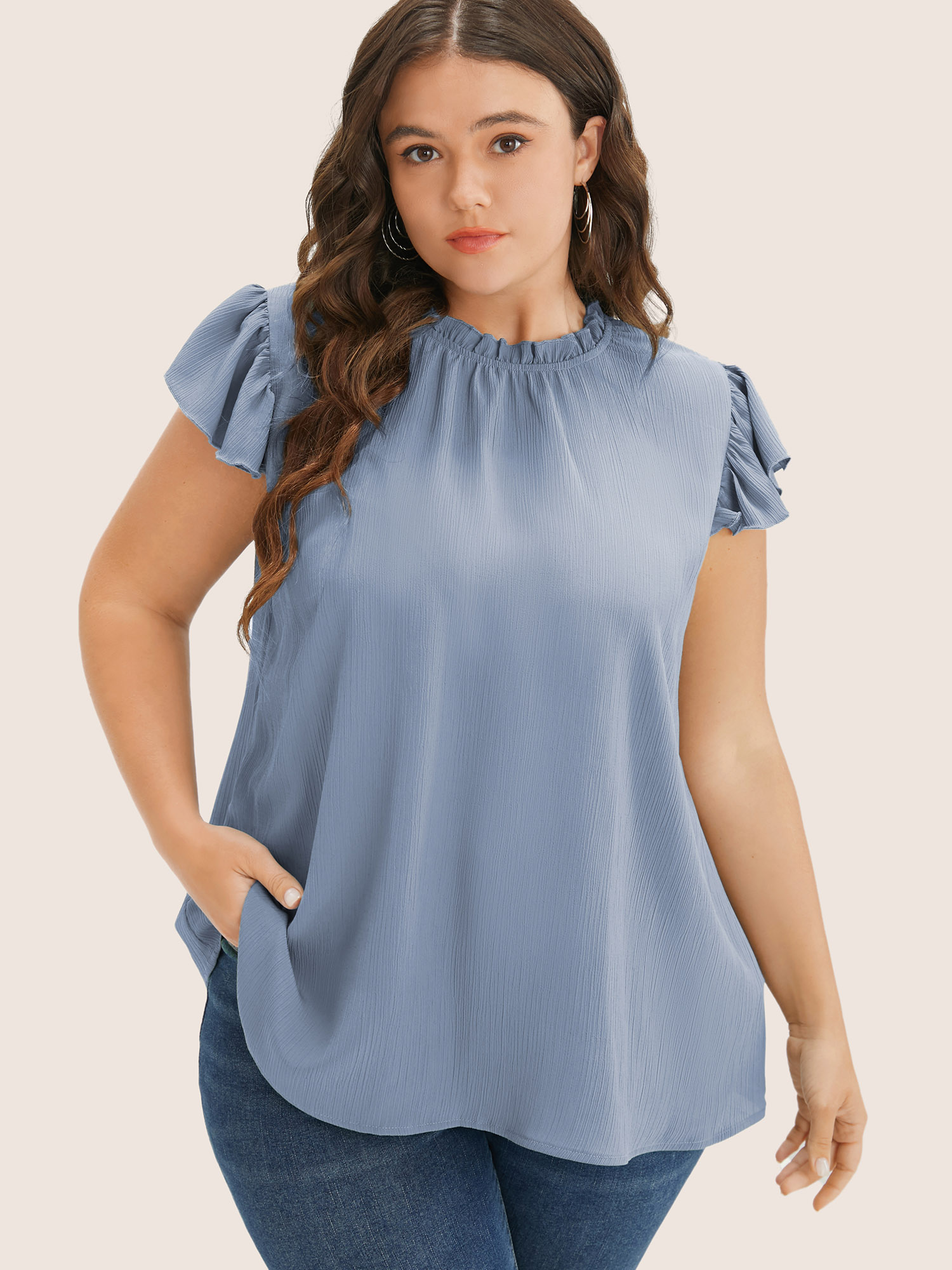 

Plus Size Stone Plain Mock Neck Cap Sleeve Ruffle Trim Blouse Women Elegant Short sleeve Mock Neck Everyday Blouses BloomChic