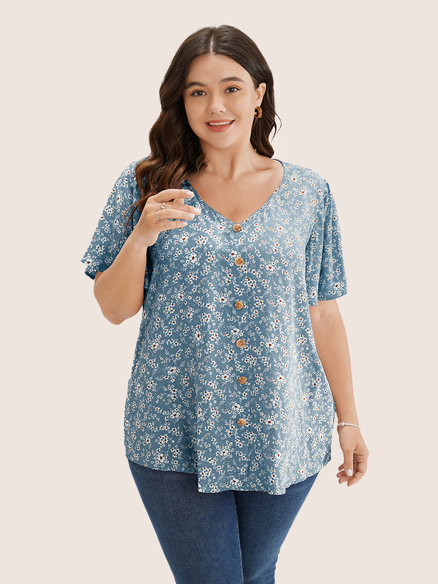 

Plus Size Stone Ditsy Floral Contrast Ruffle Sleeve Button Detail Blouse Women Elegant Short sleeve Non Everyday Blouses BloomChic