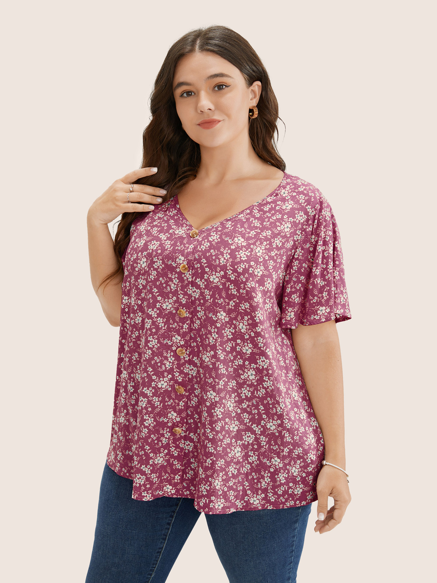 

Plus Size Eggplant Ditsy Floral Contrast Ruffle Sleeve Button Detail Blouse Women Elegant Short sleeve Non Everyday Blouses BloomChic