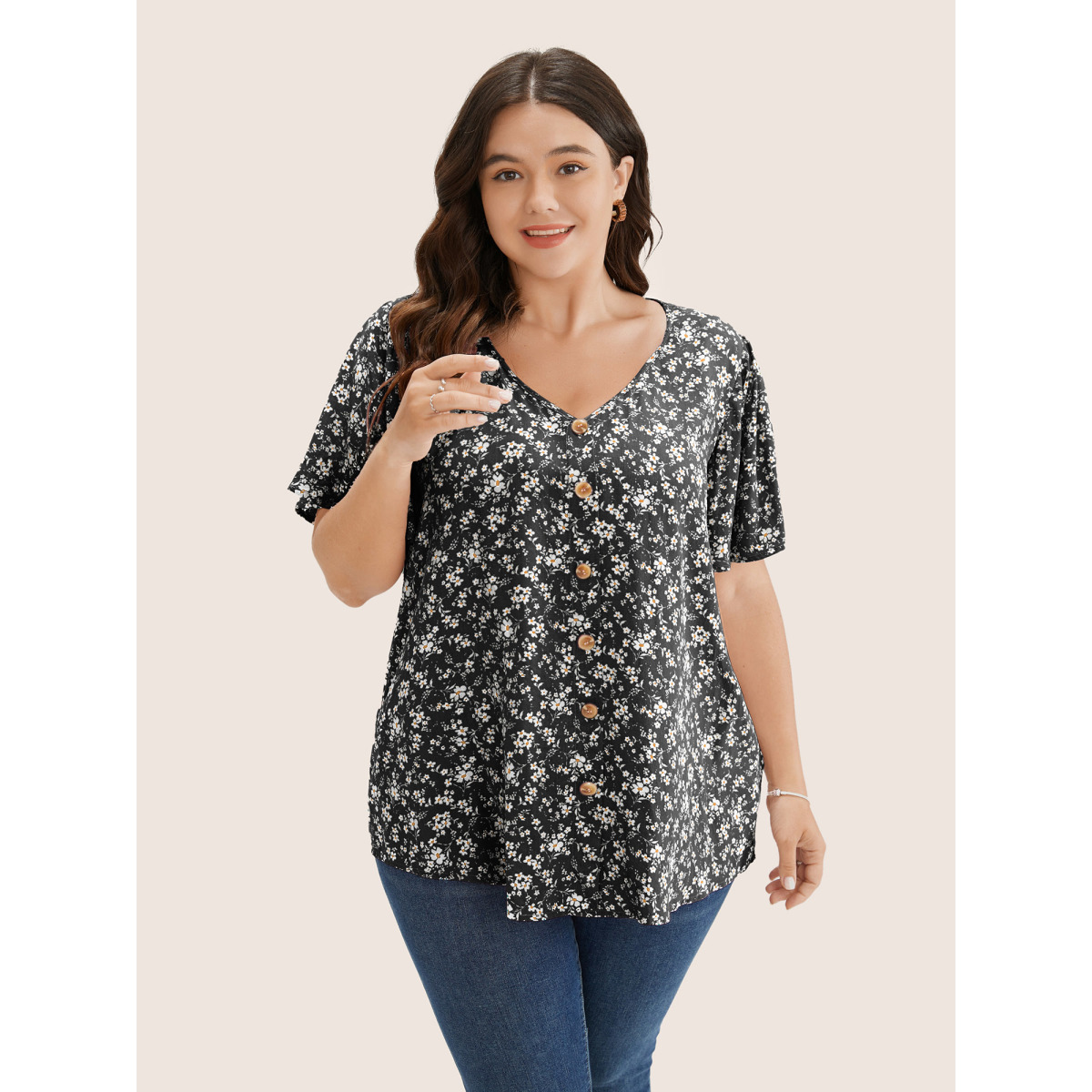 

Plus Size Black Ditsy Floral Contrast Ruffle Sleeve Button Detail Blouse Women Elegant Short sleeve Non Everyday Blouses BloomChic