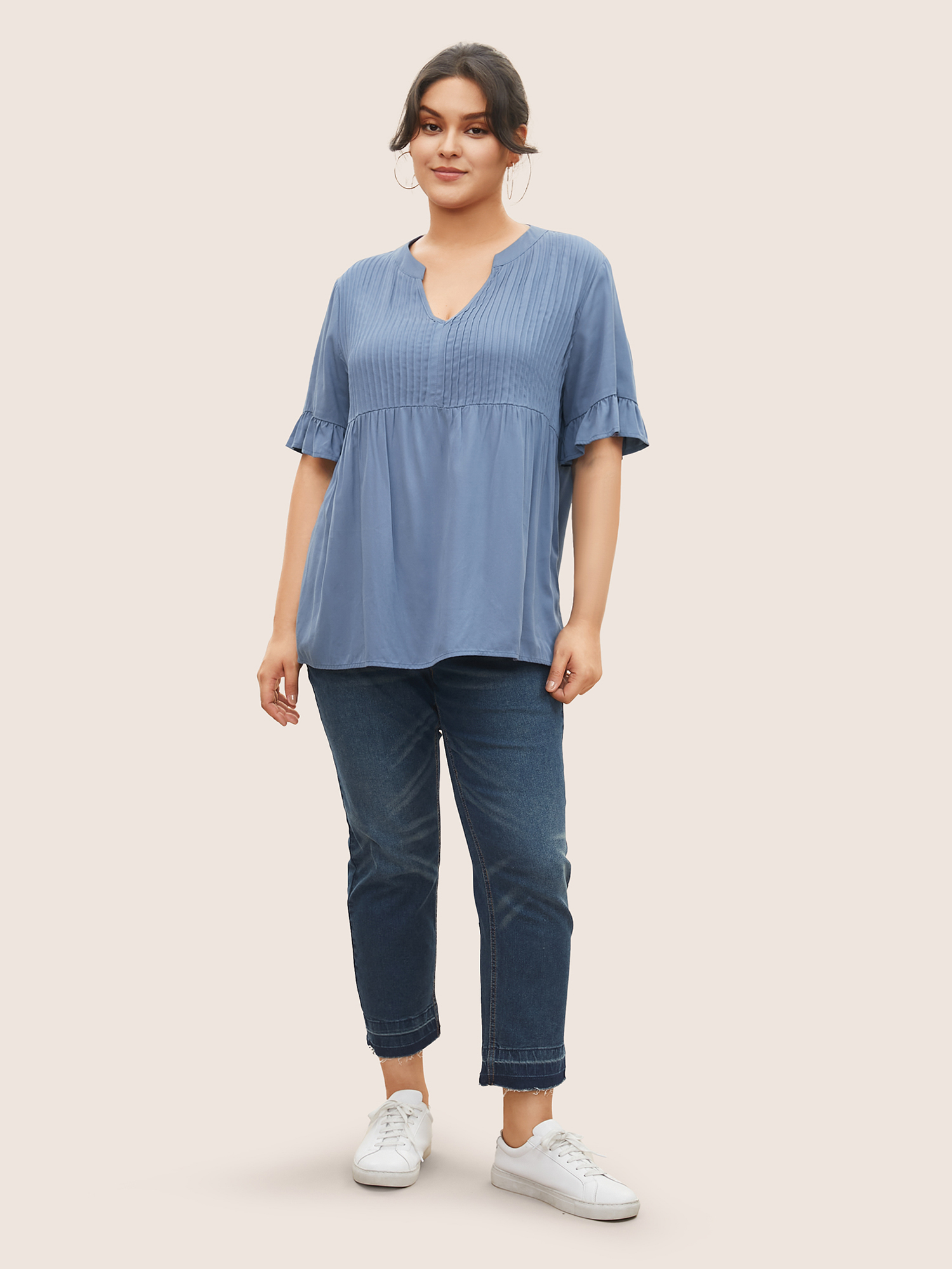 Plus Size Stone Rayon Solid Pleated Patchwork Ruffles Blouse Women Casual Half Sleeve Flat collar Everyday Blouses BloomChic 22-24/3X 