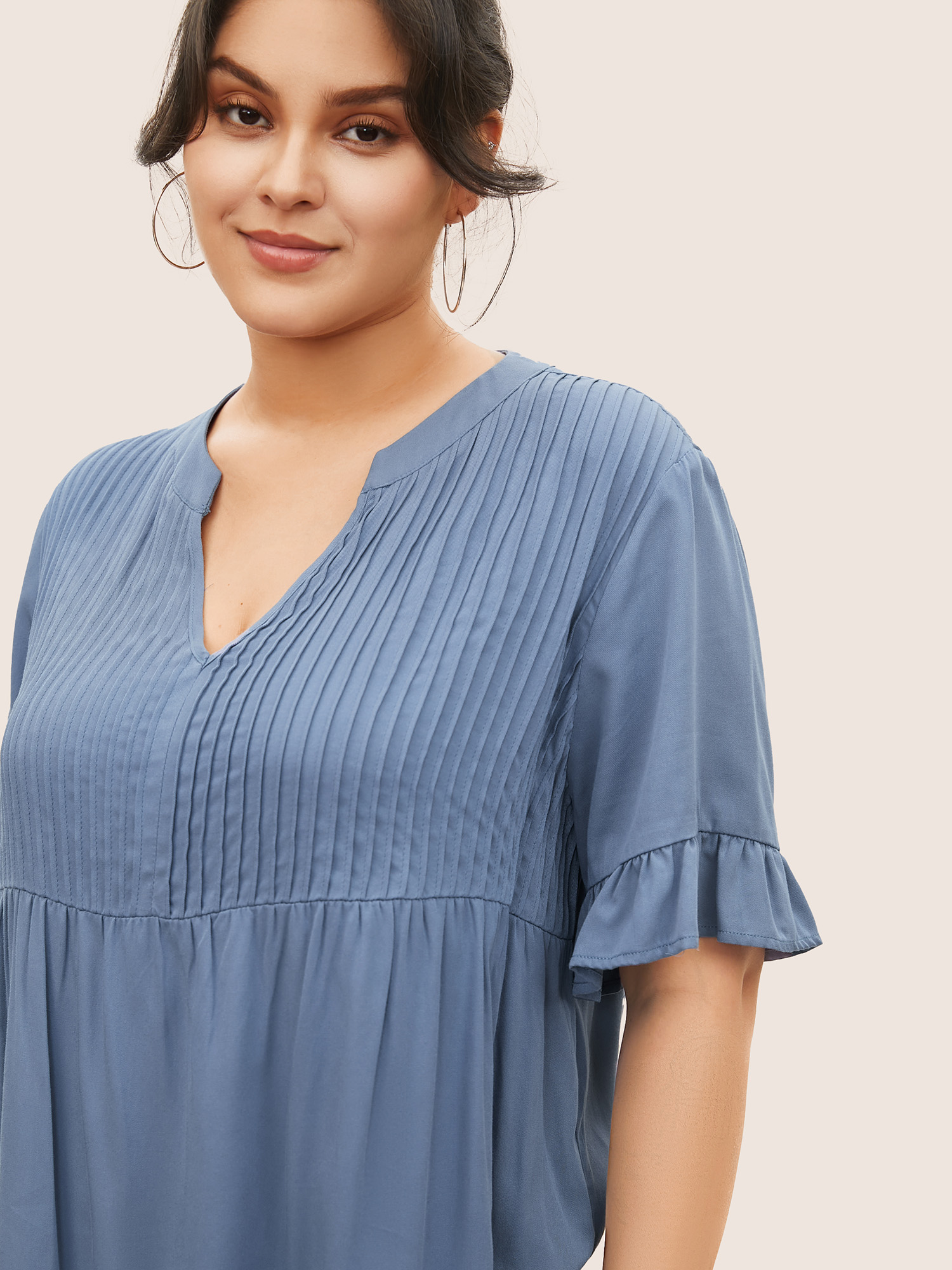 Plus Size Stone Rayon Solid Pleated Patchwork Ruffles Blouse Women Casual Half Sleeve Flat collar Everyday Blouses BloomChic 22-24/3X 