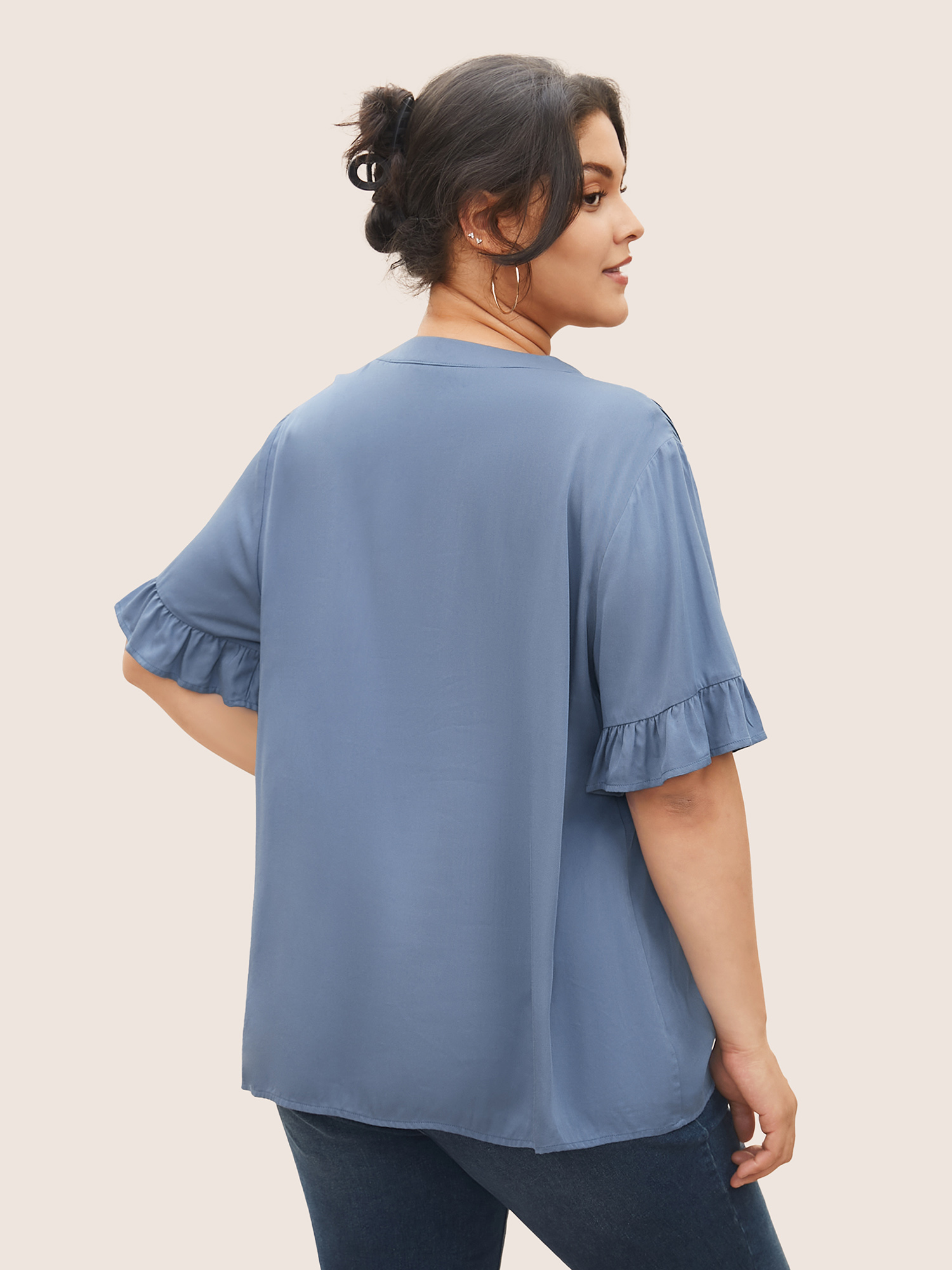 Plus Size Stone Rayon Solid Pleated Patchwork Ruffles Blouse Women Casual Half Sleeve Flat collar Everyday Blouses BloomChic 22-24/3X 