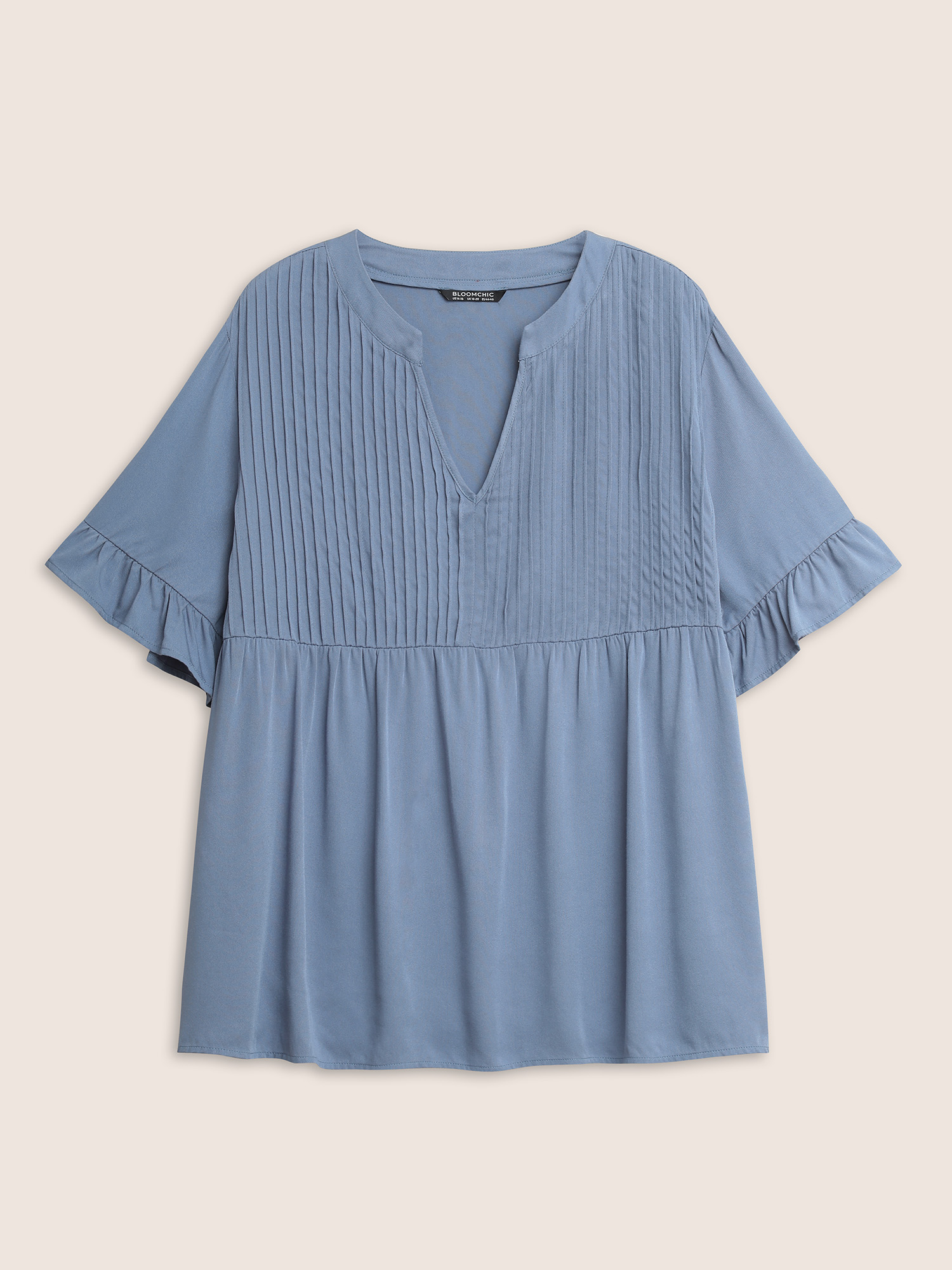 Plus Size Stone Rayon Solid Pleated Patchwork Ruffles Blouse Women Casual Half Sleeve Flat collar Everyday Blouses BloomChic 22-24/3X 