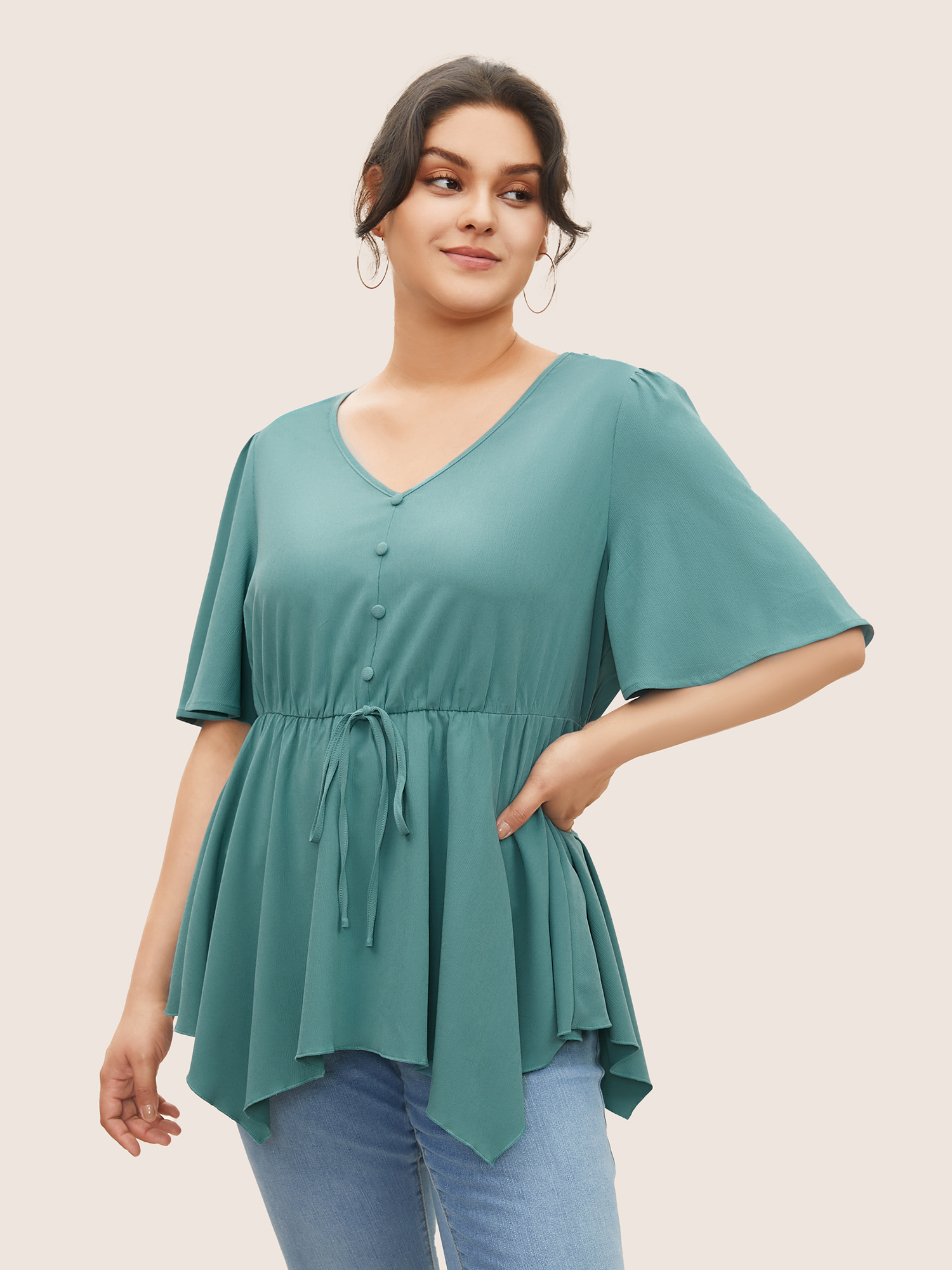 

Plus Size Mint Plain Button Detail Cross Straps Gathered Blouse Women Casual Short sleeve V-neck Everyday Blouses BloomChic