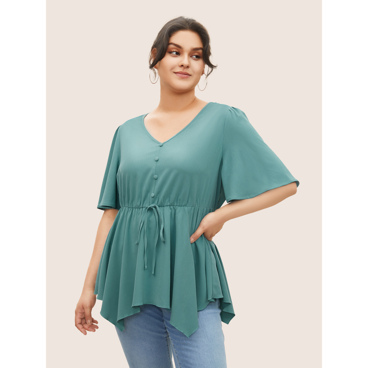 

Plus Size Mint Plain Button Detail Cross Straps Gathered Blouse Women Casual Short sleeve V-neck Everyday Blouses BloomChic