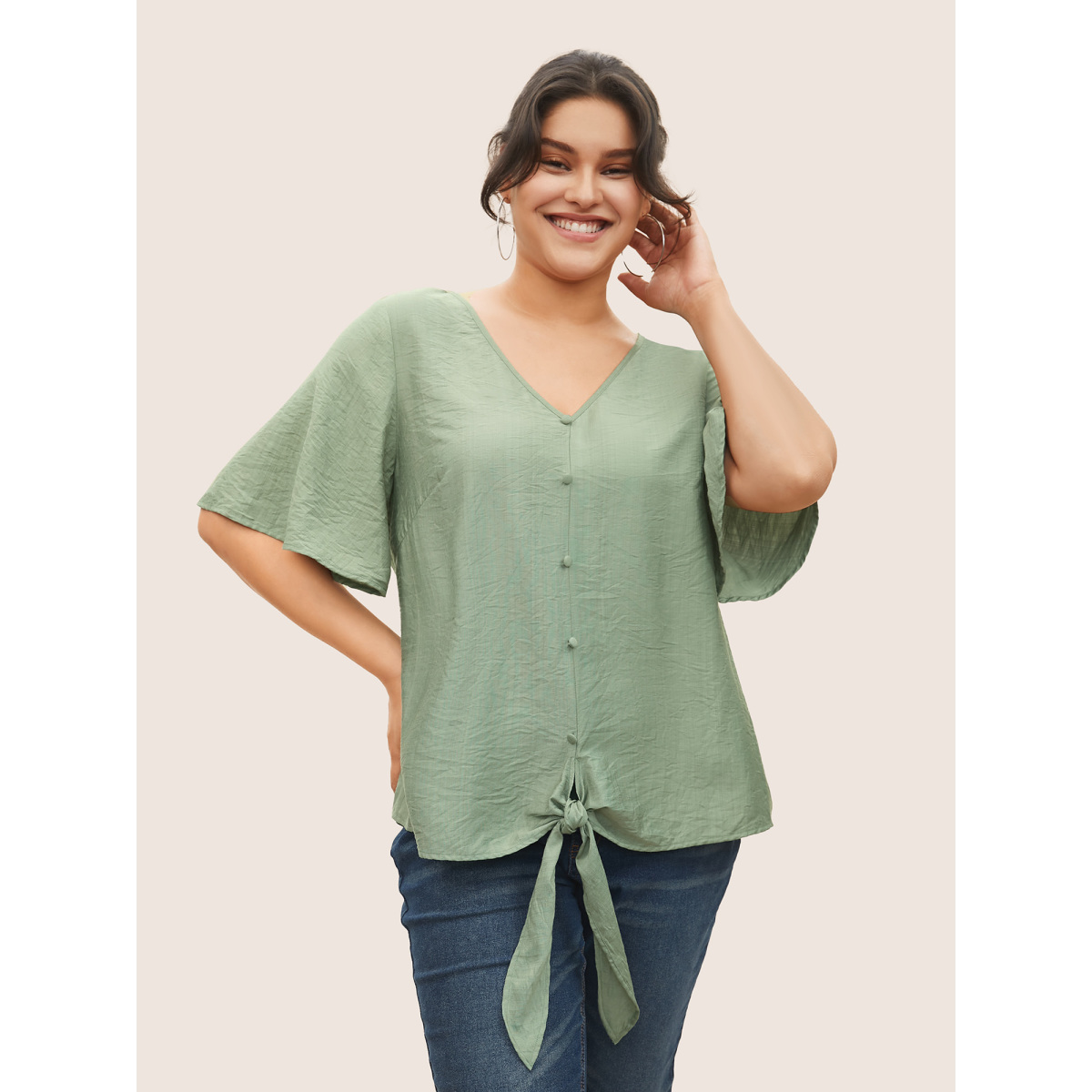 

Plus Size Mint Solid Tie Knot Button Detail Ruffle Sleeve Blouse Women Casual Half Sleeve V-neck Everyday Blouses BloomChic