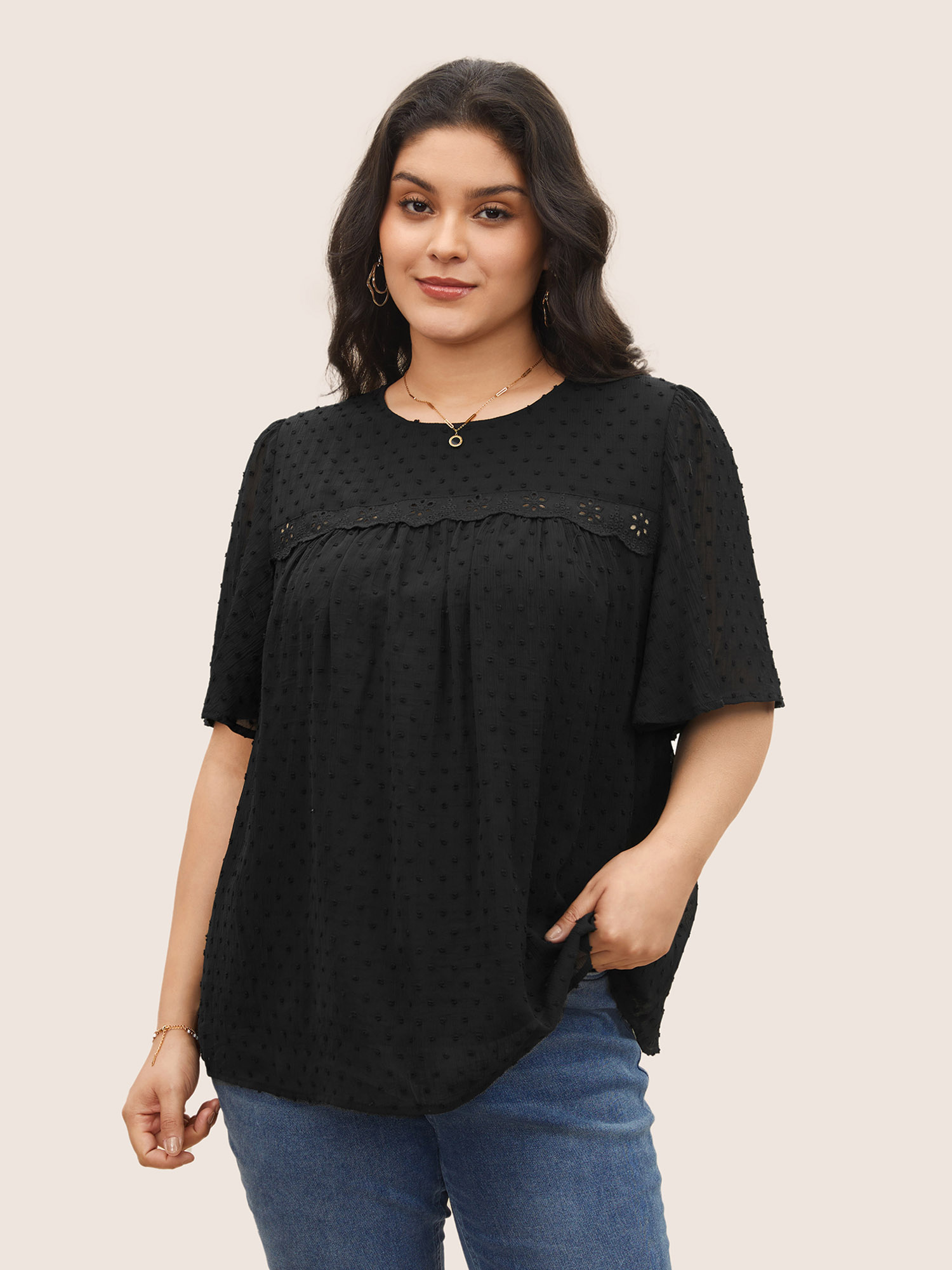 

Plus Size Black Solid Texture Lace Trim See Through Gathered Blouse Women Elegant Short sleeve Round Neck Everyday Blouses BloomChic