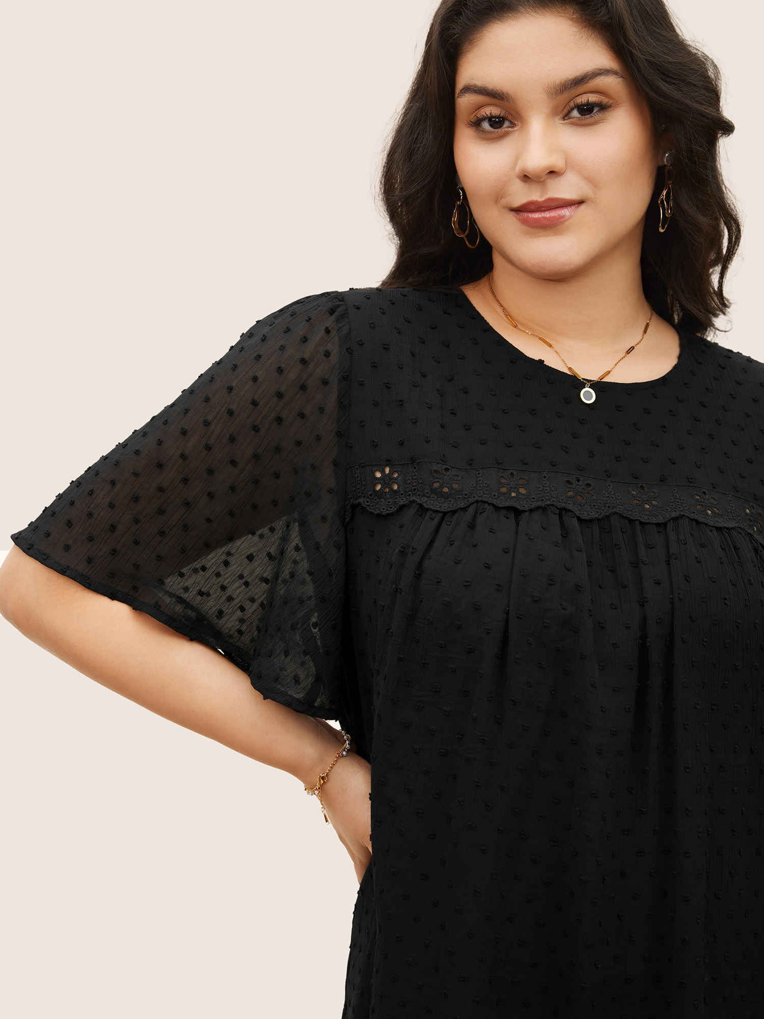 

Plus Size Black Solid Texture Lace Trim See Through Gathered Blouse Women Elegant Short sleeve Round Neck Everyday Blouses BloomChic