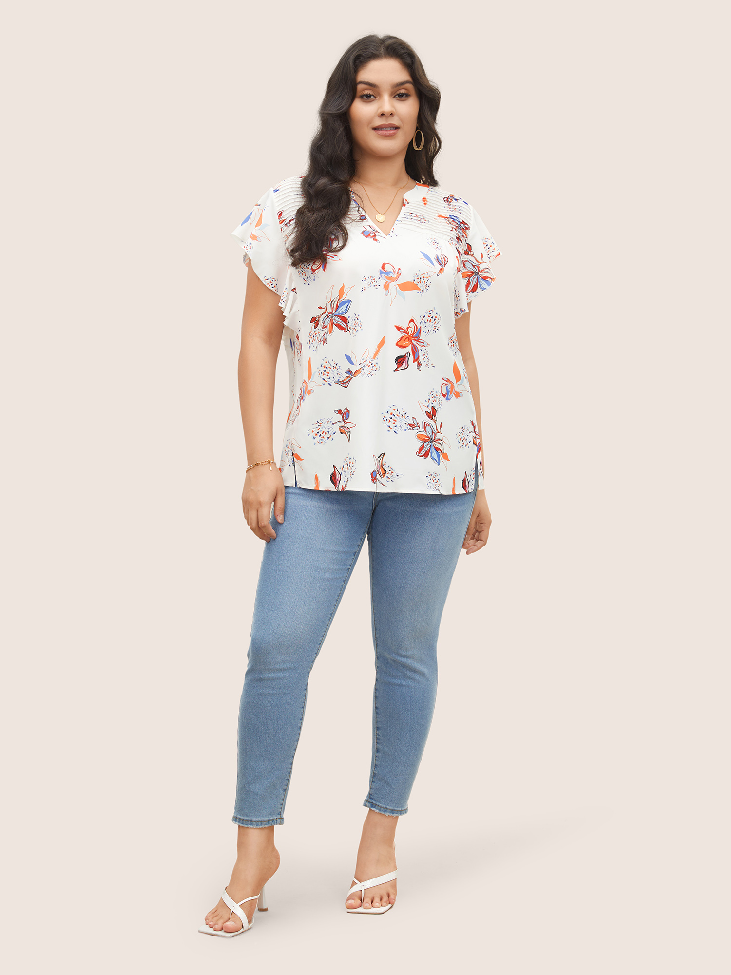 Plus Size Multicolor Floral Pleated Ruffle Cap Sleeve Blouse Women Elegant Cap Sleeve V-neck Everyday Blouses BloomChic 18-20/2X 