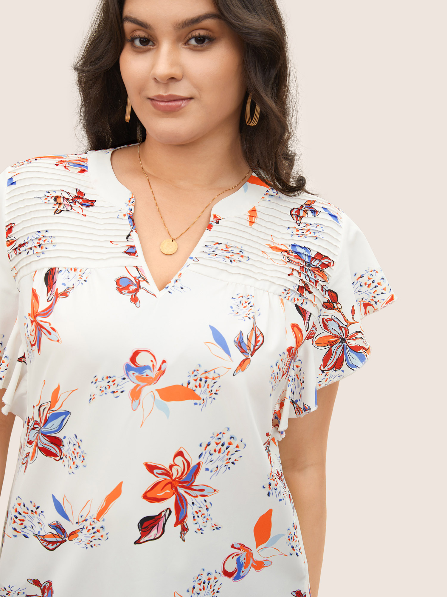 

Plus Size Multicolor Floral Pleated Ruffle Cap Sleeve Blouse Women Elegant Cap Sleeve V-neck Everyday Blouses BloomChic