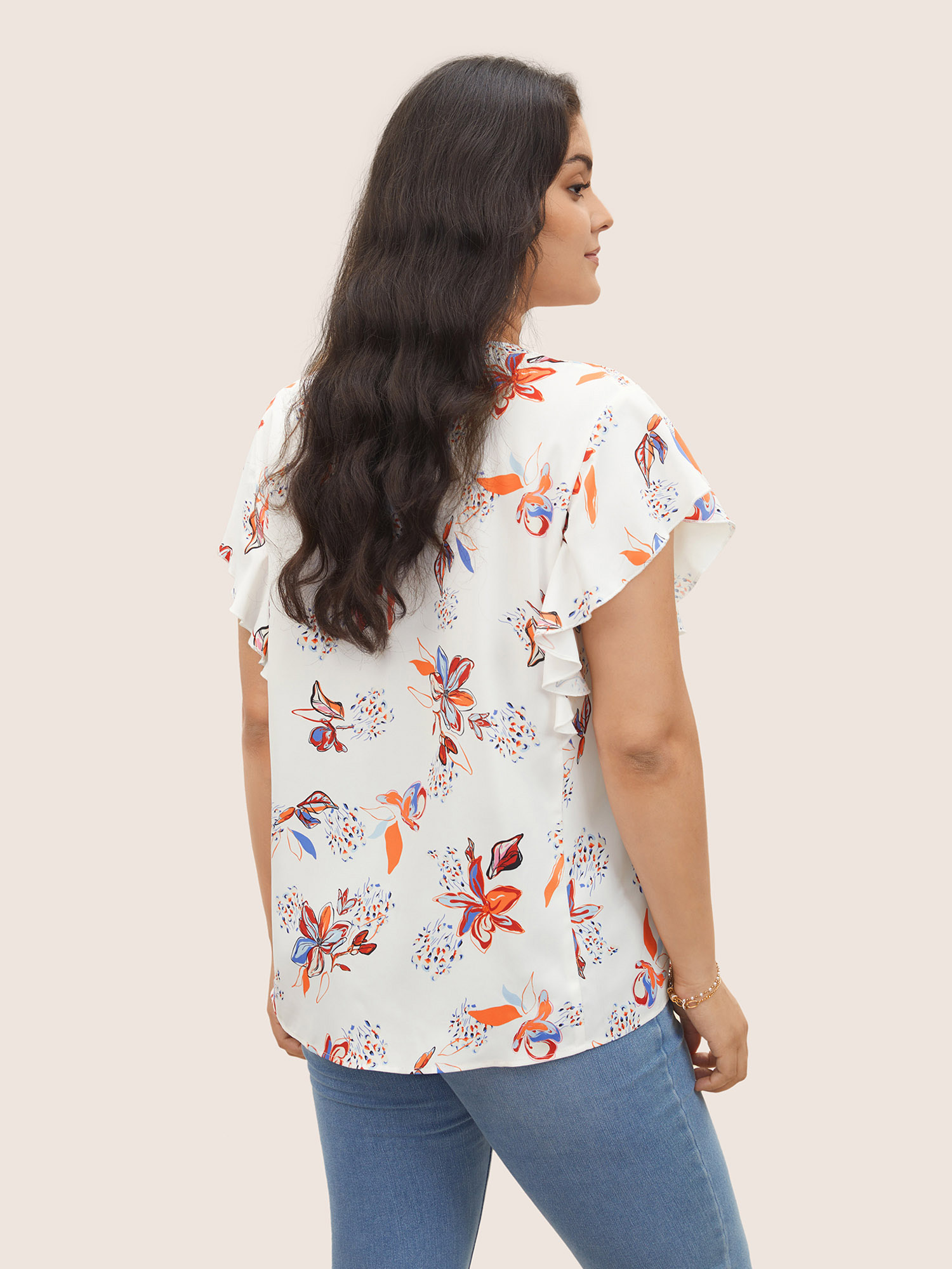 Plus Size Multicolor Floral Pleated Ruffle Cap Sleeve Blouse Women Elegant Cap Sleeve V-neck Everyday Blouses BloomChic 18-20/2X 