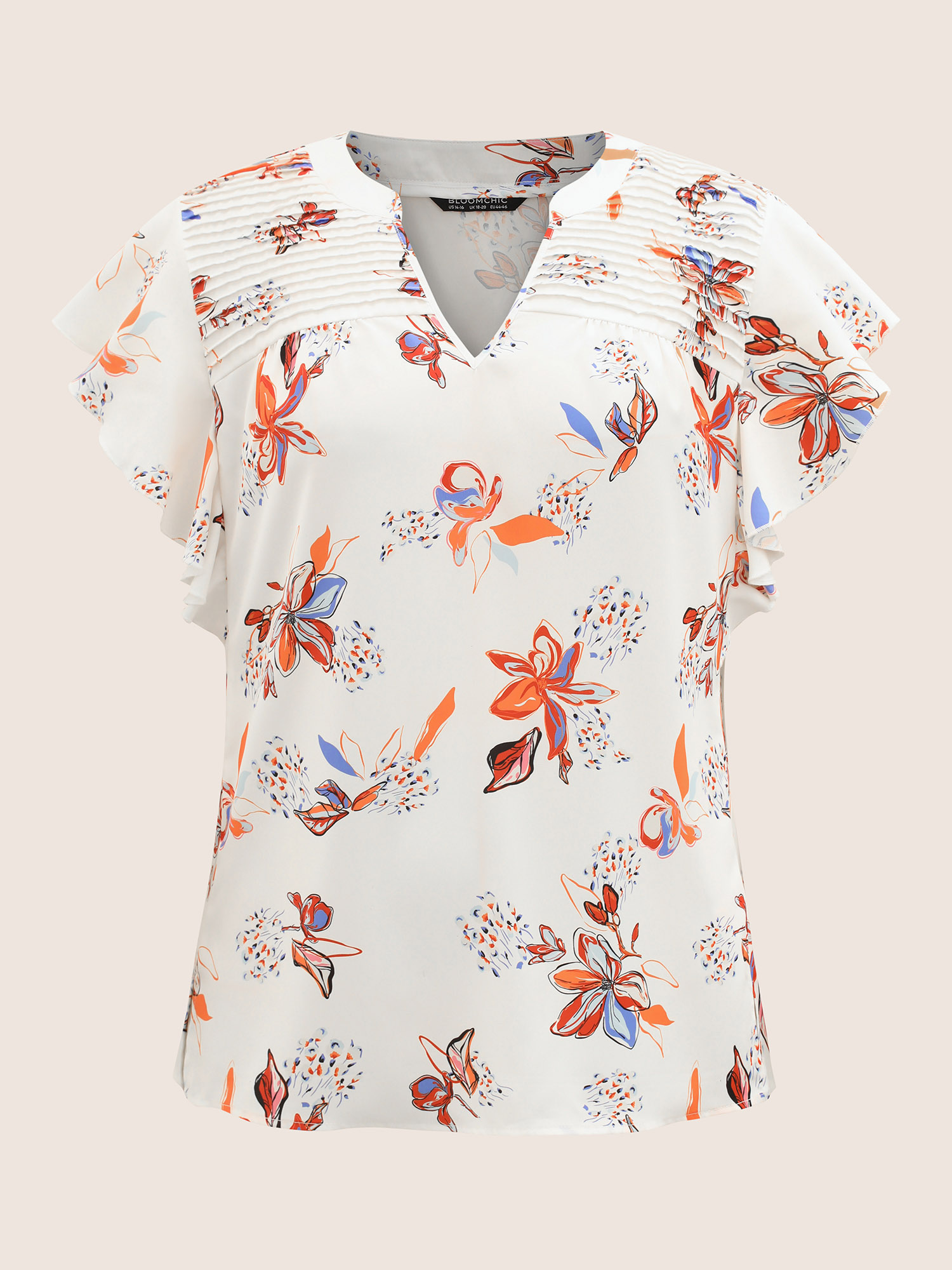 Plus Size Multicolor Floral Pleated Ruffle Cap Sleeve Blouse Women Elegant Cap Sleeve V-neck Everyday Blouses BloomChic 18-20/2X 