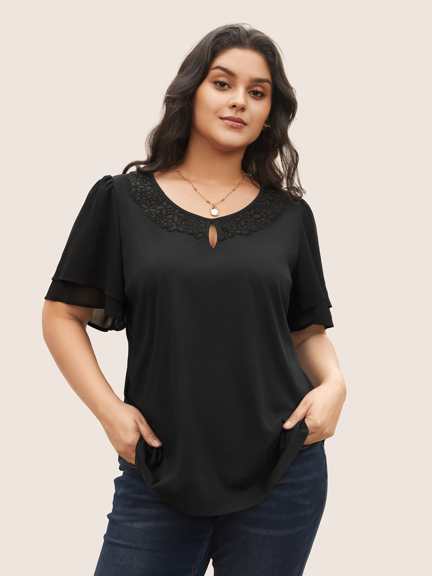 

Plus Size Black Stretchy Woven Cut Out Lace Patchwork Blouse Women Elegant Short sleeve Round Neck Everyday Blouses BloomChic