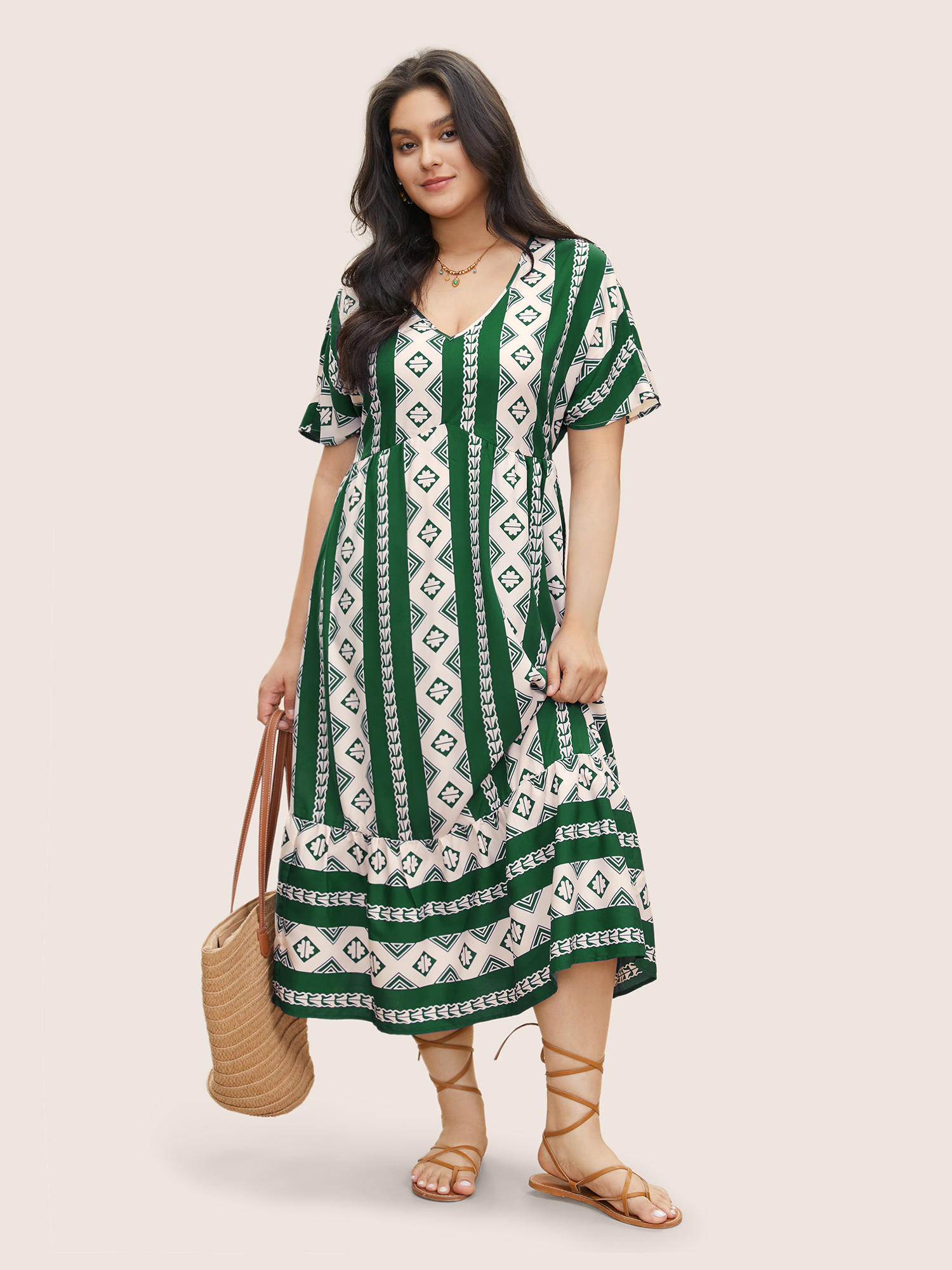 

Plus Size Bandana Print Patchwork Elastic Waist Dress DarkGreen Women Resort Non V-neck Short sleeve Curvy Midi Dress BloomChic