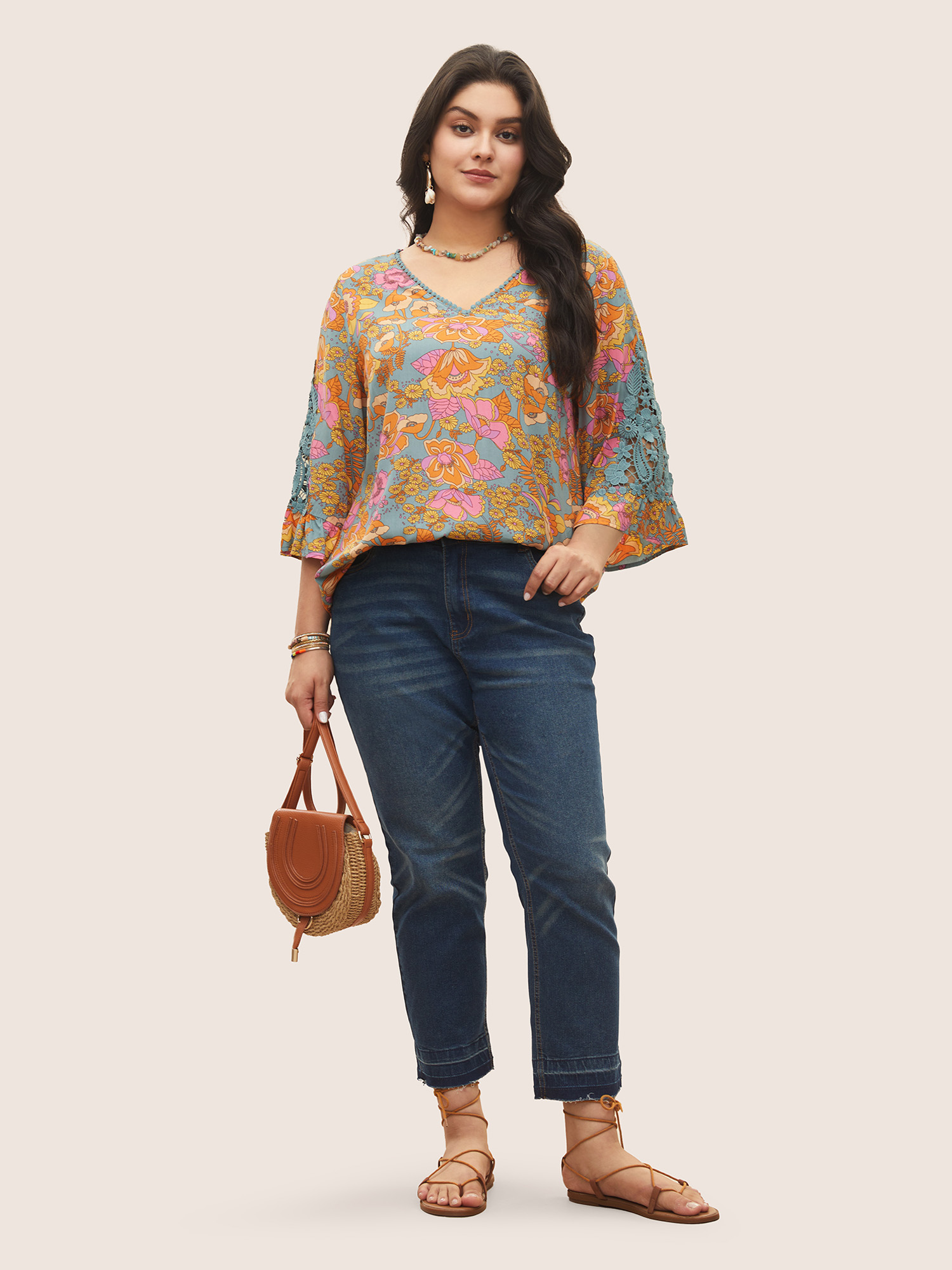 Plus Size Stone Boho Print Guipure Lace Ruffles Blouse Women Resort Elbow-length sleeve V-neck Vacation Blouses BloomChic 10/M 