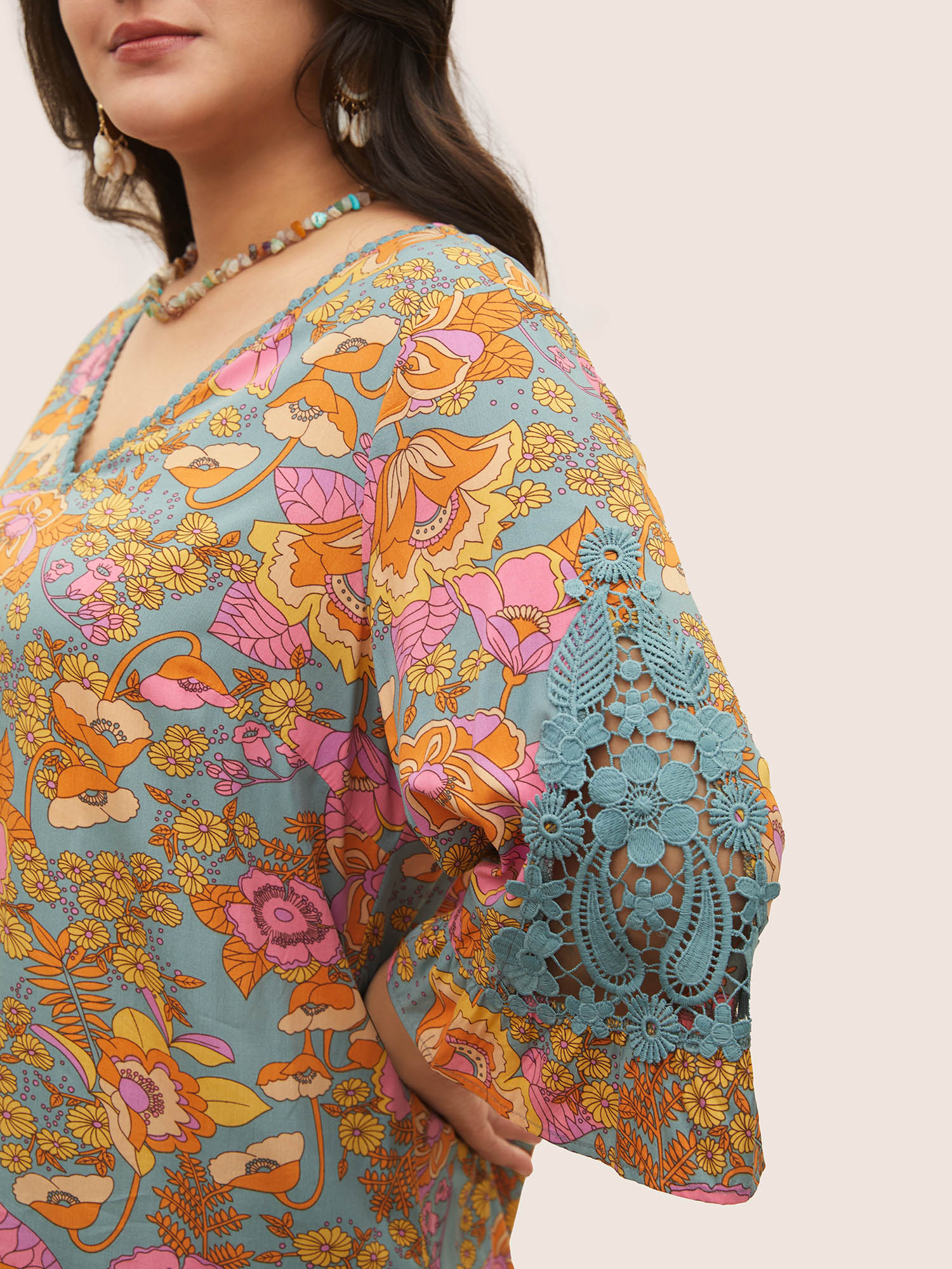 Plus Size Stone Boho Print Guipure Lace Ruffles Blouse Women Resort Elbow-length sleeve V-neck Vacation Blouses BloomChic 10/M 