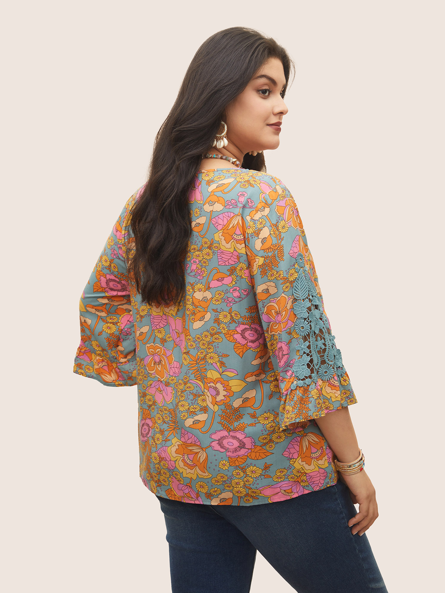 Plus Size Stone Boho Print Guipure Lace Ruffles Blouse Women Resort Elbow-length sleeve V-neck Vacation Blouses BloomChic 10/M 